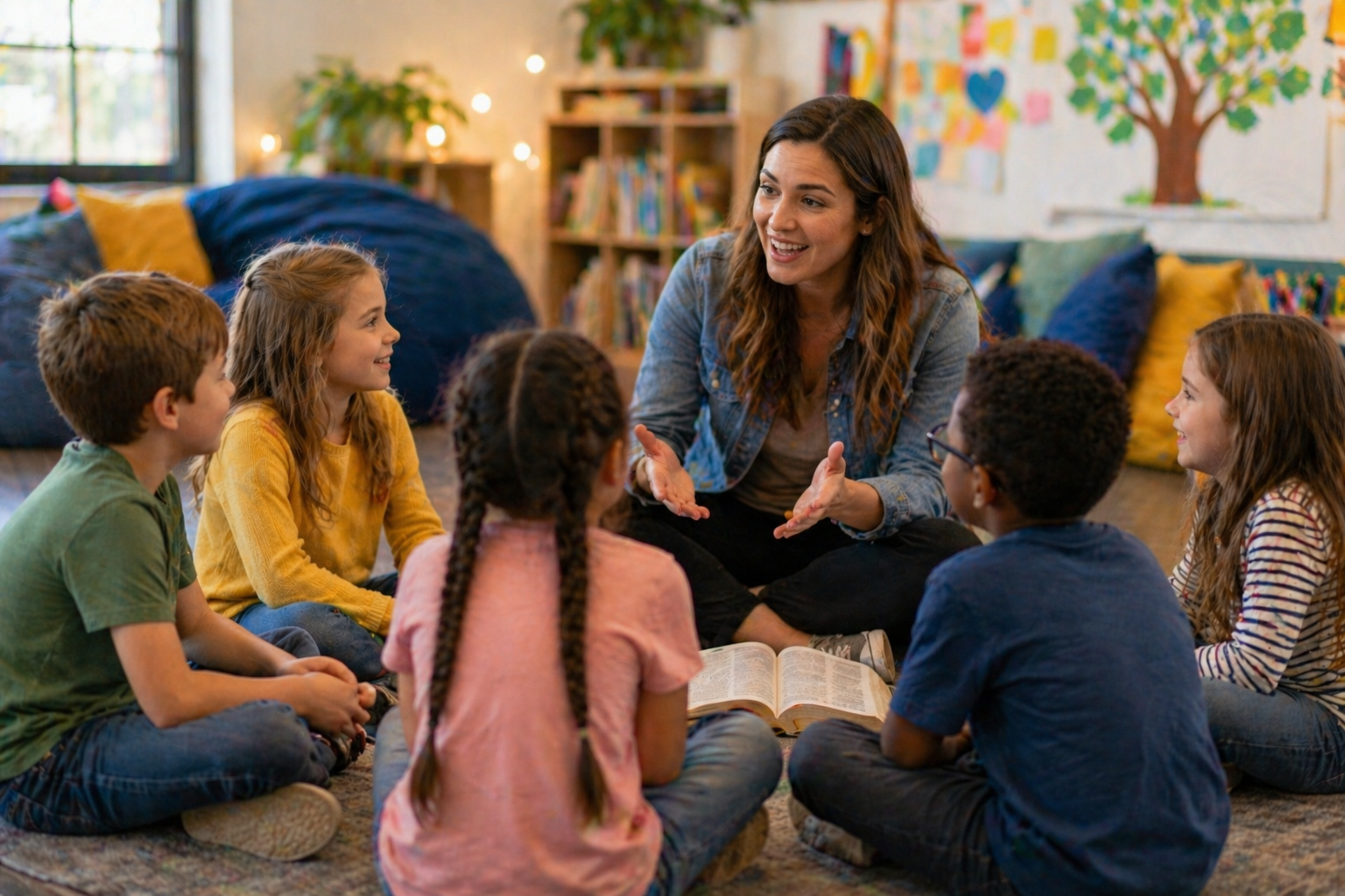 A woman reading a book to a group of children in a classroom or library setting.