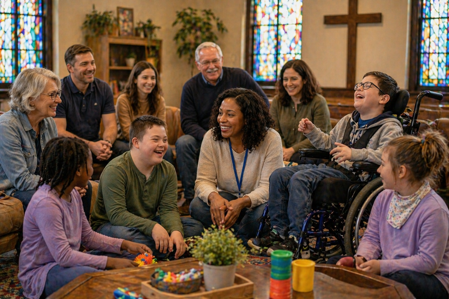 A diverse group of children and adults, some with special needs, gathered in a church, sitting on the floor and on chairs, enjoying a joyful moment together.