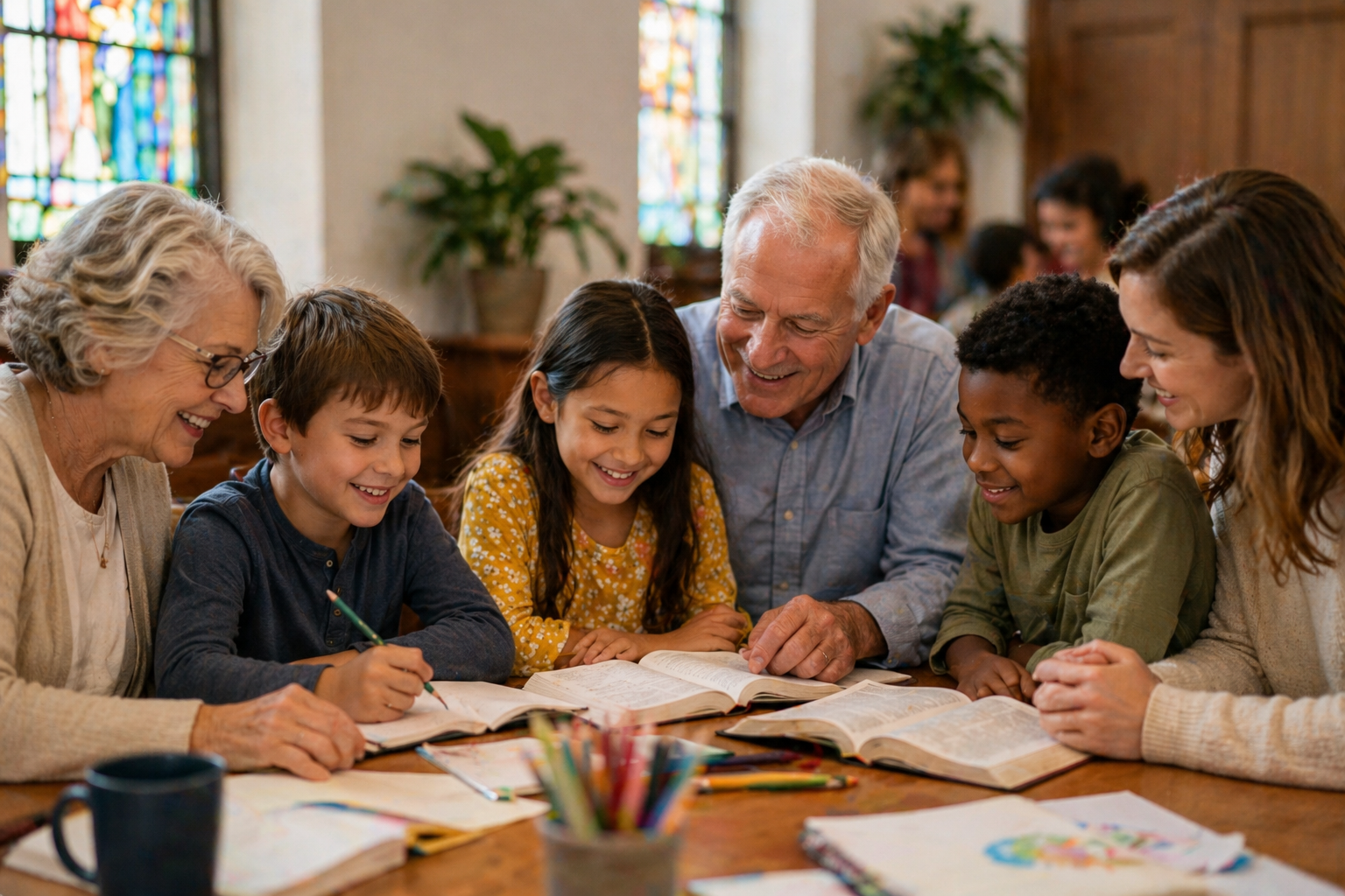 A group of six people, two elders and four children, are gathered around a table reading a book, smiling and engaging with each other in a warm, well-lit room with stained glass windows and plants.