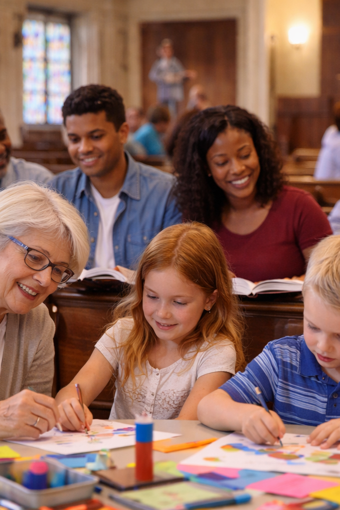 Children and adults in a church Sunday school class engaging in arts and crafts, with stained glass windows and wooden pews in the background.