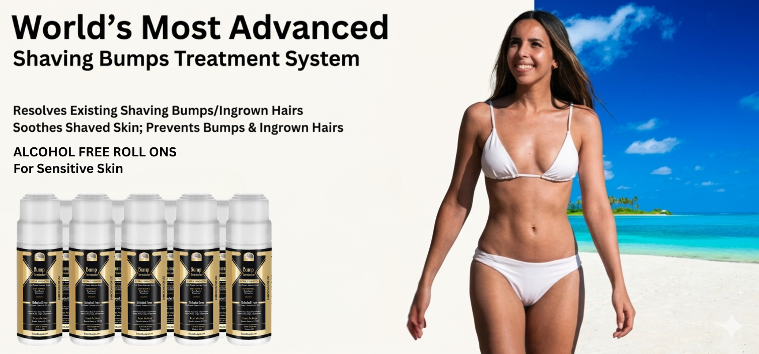 A woman in a white bikini walking on a beach with clear blue water and sky in the background, alongside an advertisement for Bump Terminator For Women - Solutions and Roll Ons