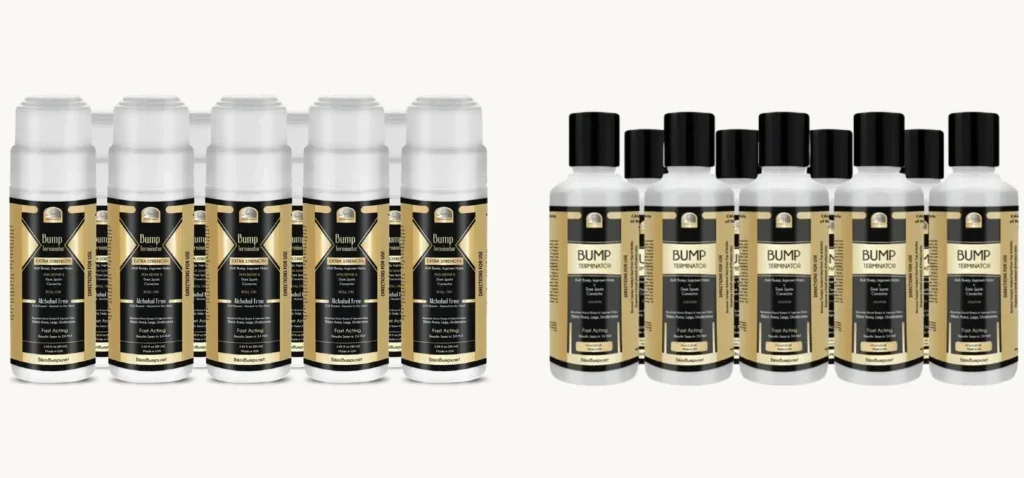 Set of ten bottles of Bump Terminator liquid with black caps, features black and gold labels with product information.