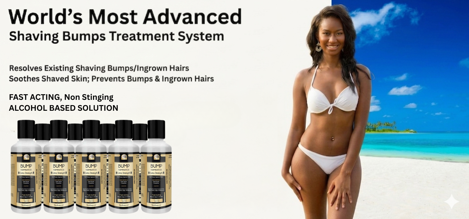 A woman in a white bikini walking on a beach with clear blue water and sky in the background, alongside an advertisement for Bump Terminator For Women - Solutions and Roll Ons