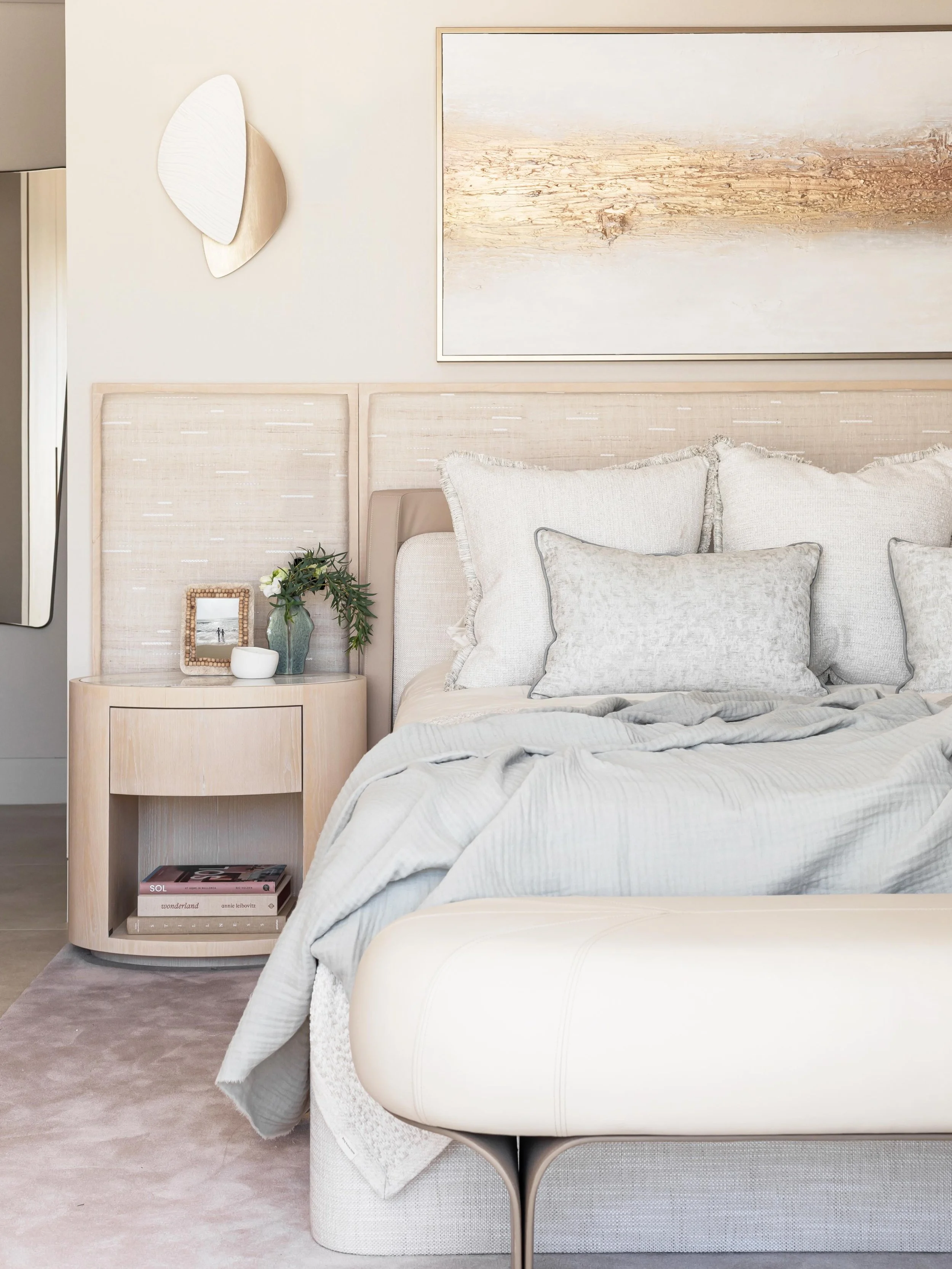 Primary suite for our commercial project in Quinta do Lago. A tranquil, beach inspired colour palette creates a calm and inviting atmosphere, reflecting the beauty of the surrounding coastline. The bespoke furniture pieces, thoughtfully designed by o