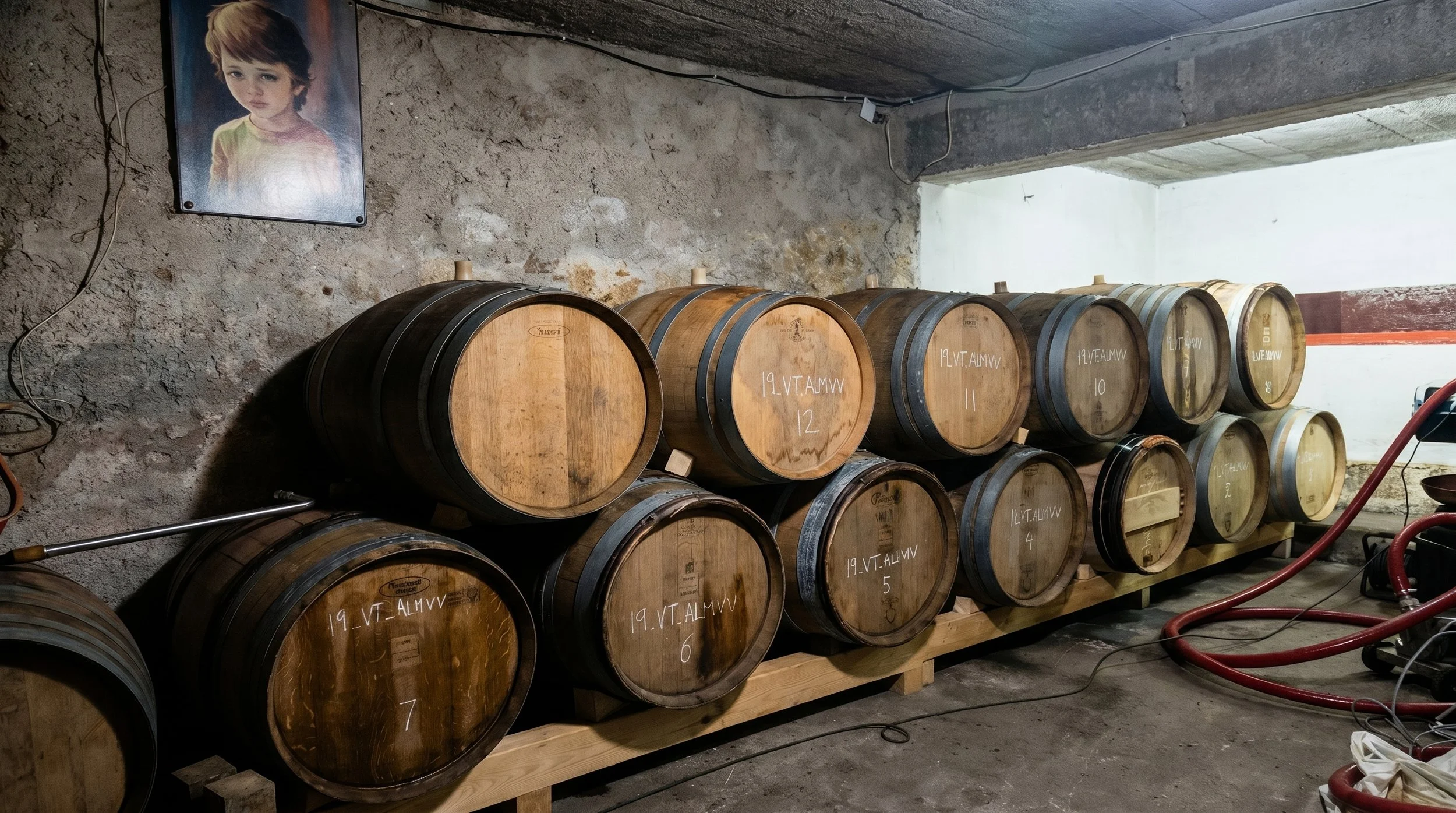 Barris de barril de vinho empilhados em um depósito de adega, com uma parede de pedra e uma foto de uma criança na parede ao fundo.