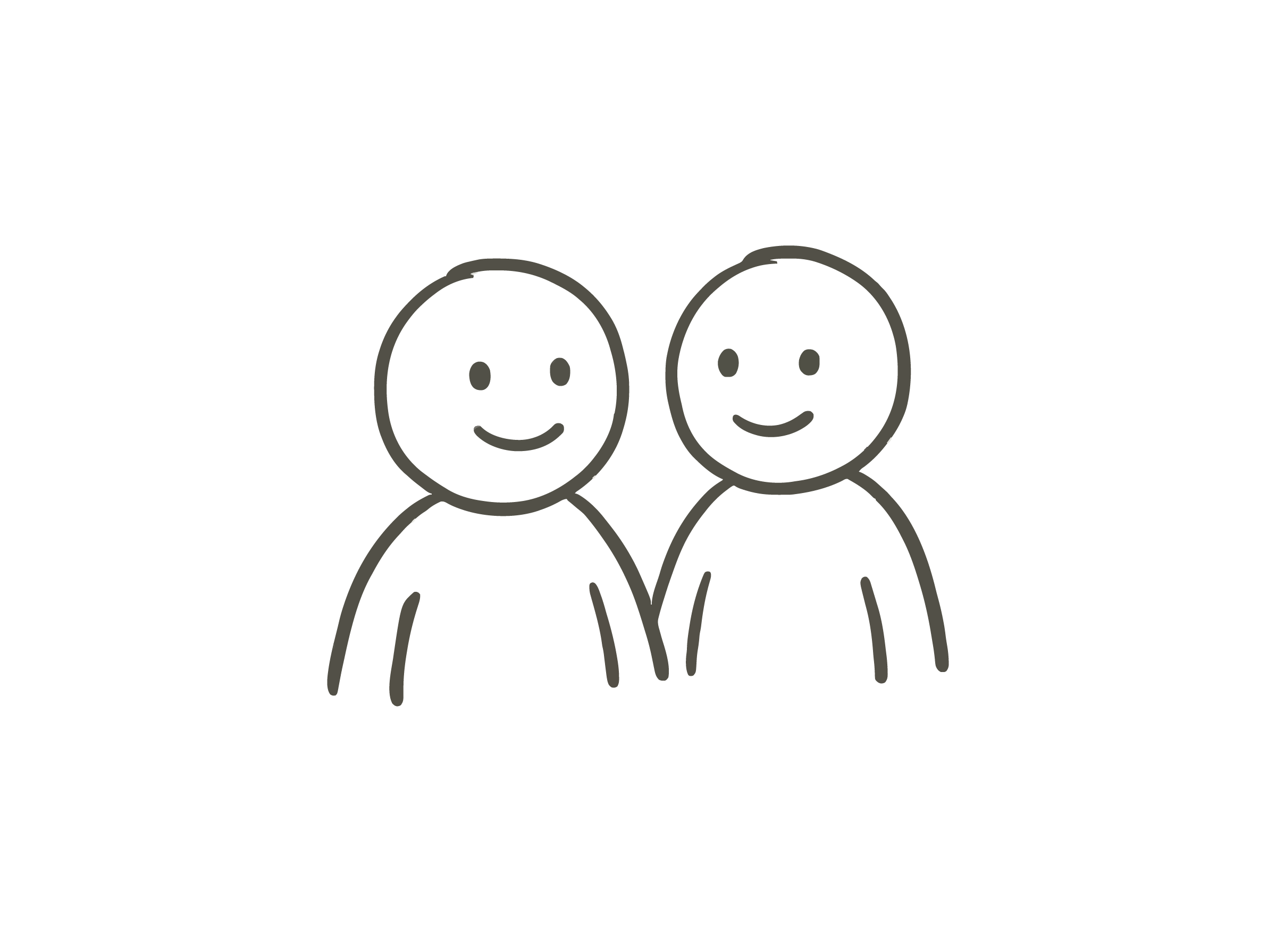 Desenho simples de duas pessoas sorrindo, uma com cabelo curto e a outra com cabelo comprido.