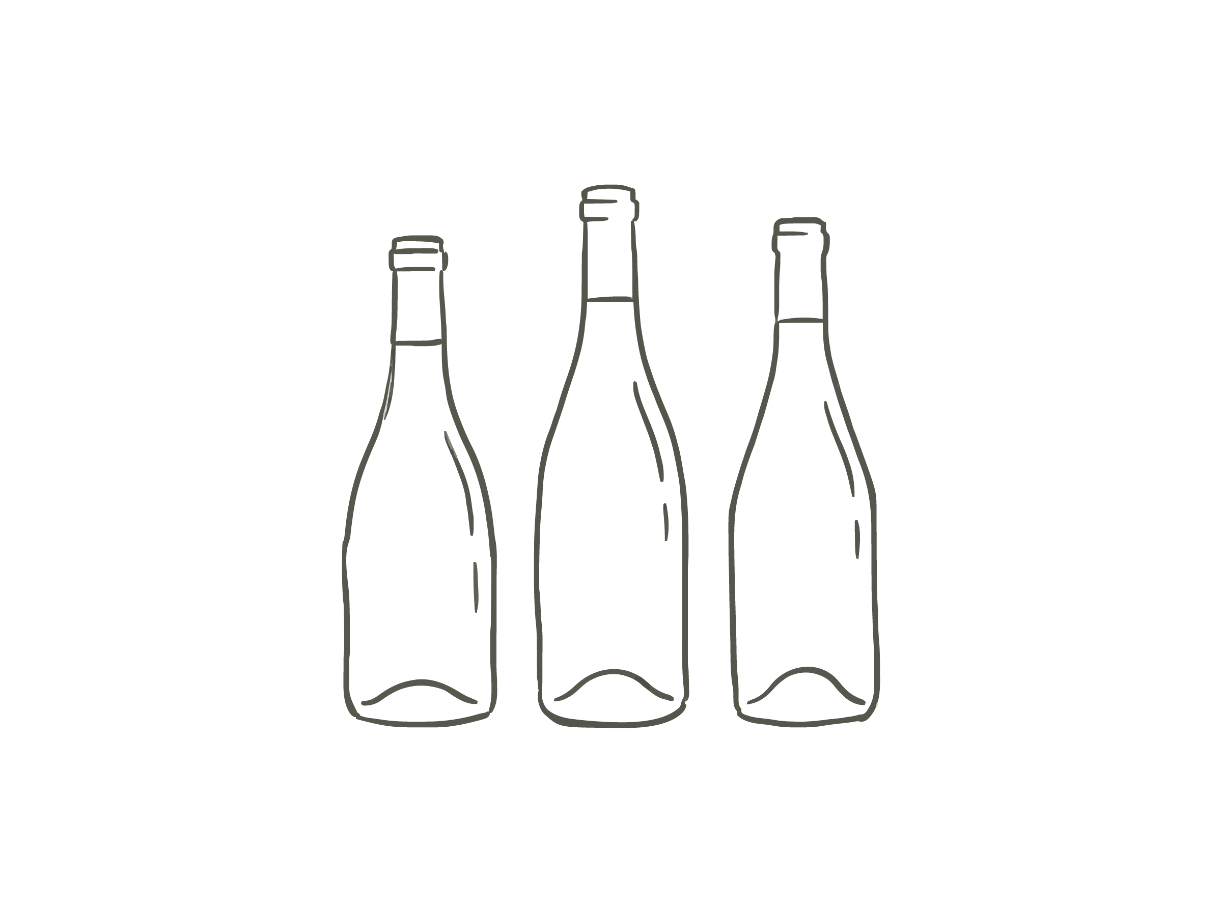 Desenho de quatro garrafas de bebidas, todas com formatos alongados e tampas na parte superior, em cores diferentes: duas claras e duas escuras.