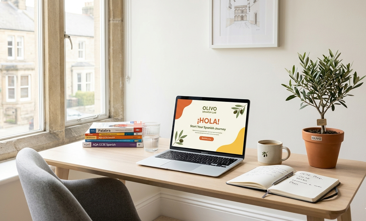 Professional online classroom setup for Olivo Spanish Lab, specializing in the 2026 Spanish exam specification.