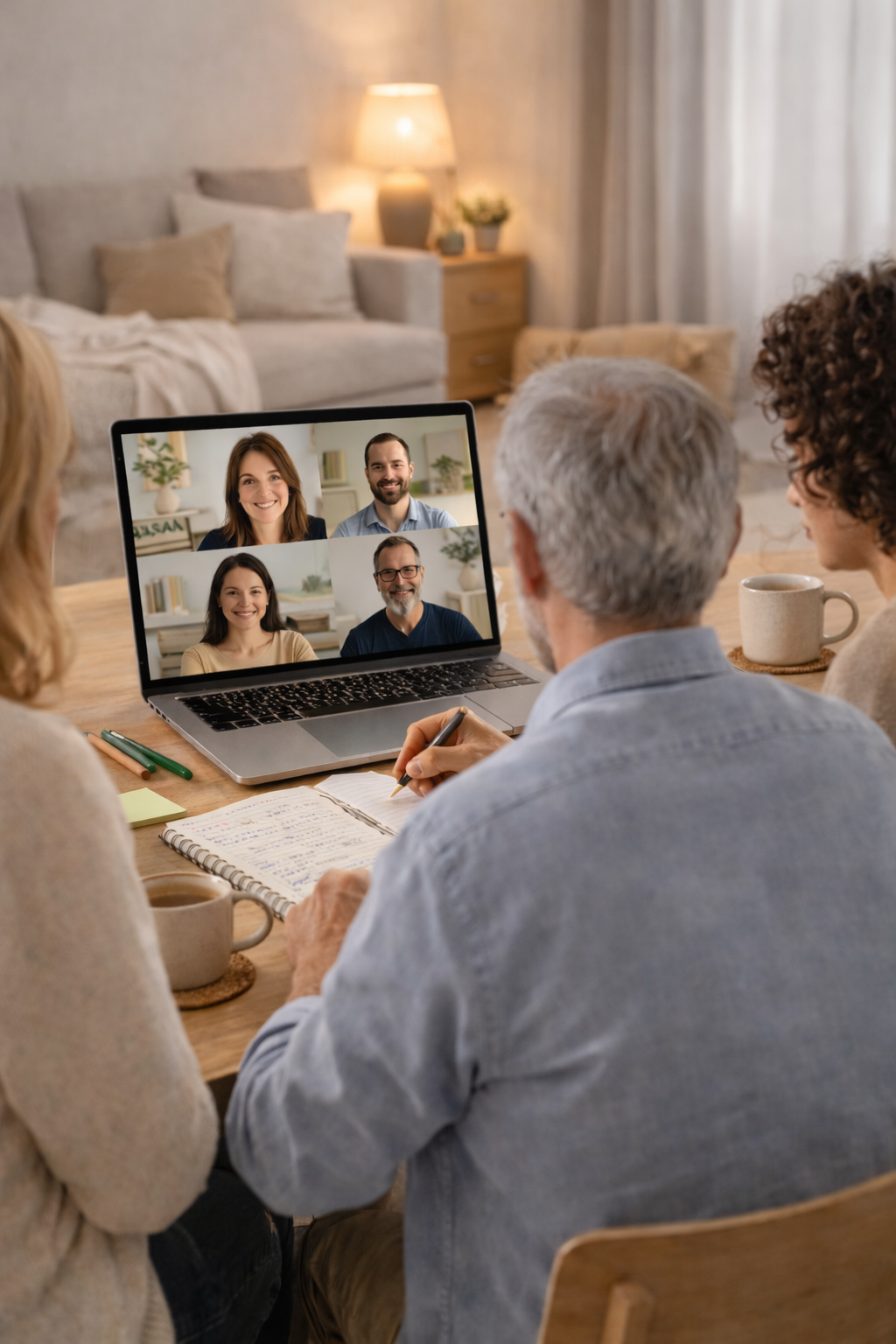 Four people having a video conference call at a wooden table with notebooks and coffee cups in a cozy living room.