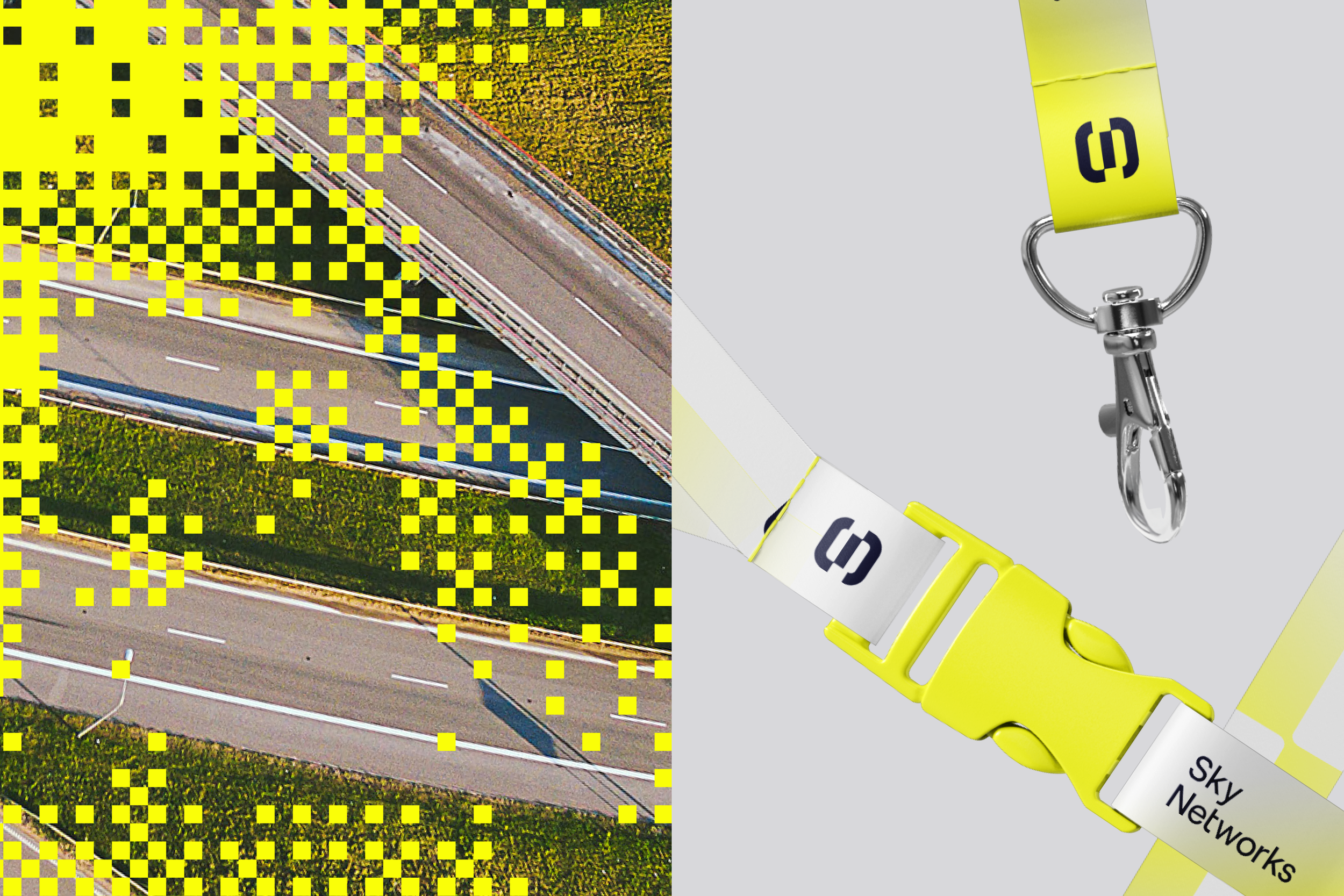 Two image segments. The left segment shows an aerial view of a multi-lane highway with some pixelation and yellow squares overlaid. The right segment displays a close-up of a yellow safety lanyard with an attached metal clip on a light gray background, with the words "SKY Networks" printed on it.
