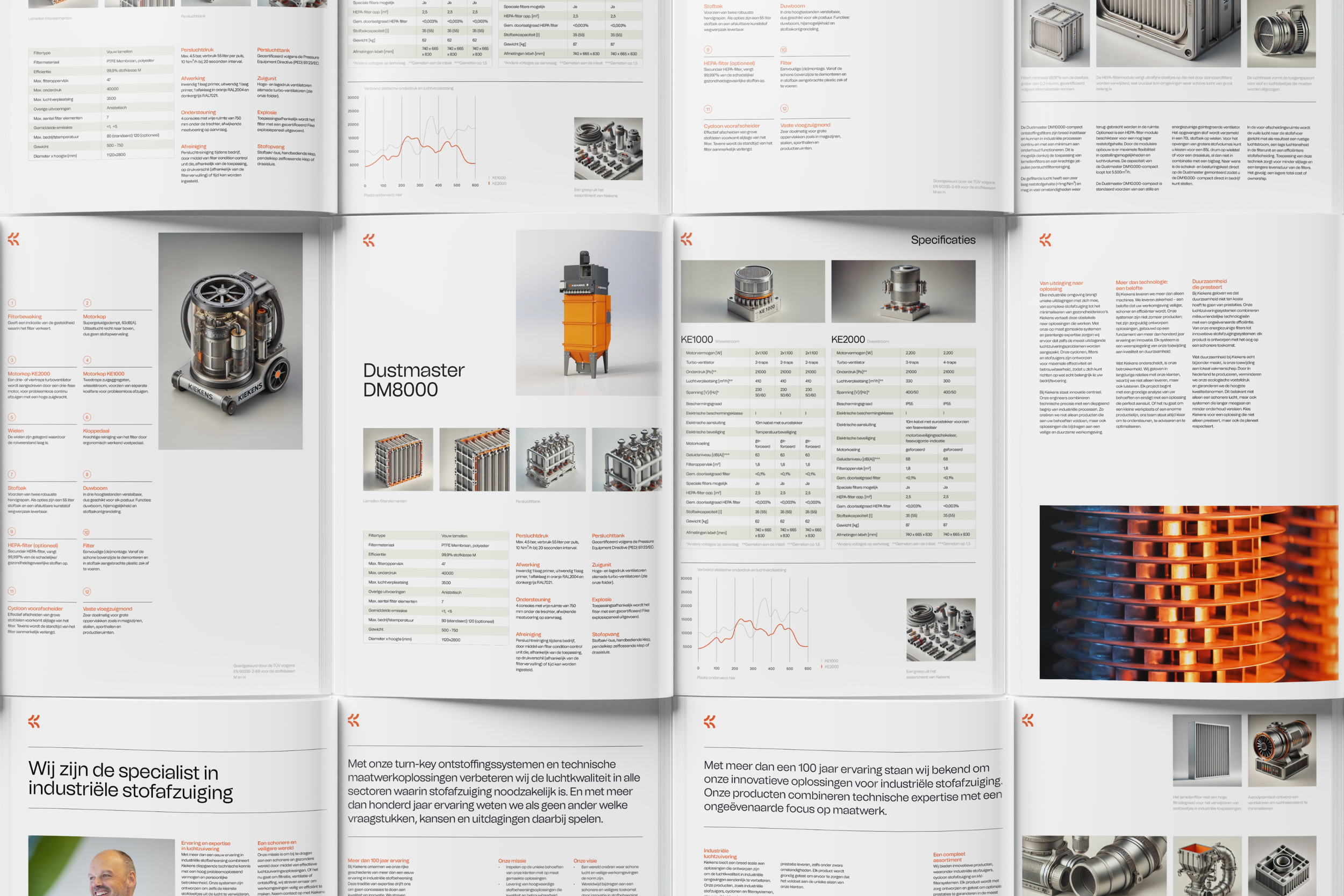 Open technical brochure featuring dust collection and industrial filtration systems with diagrams, specifications, and images of machinery.