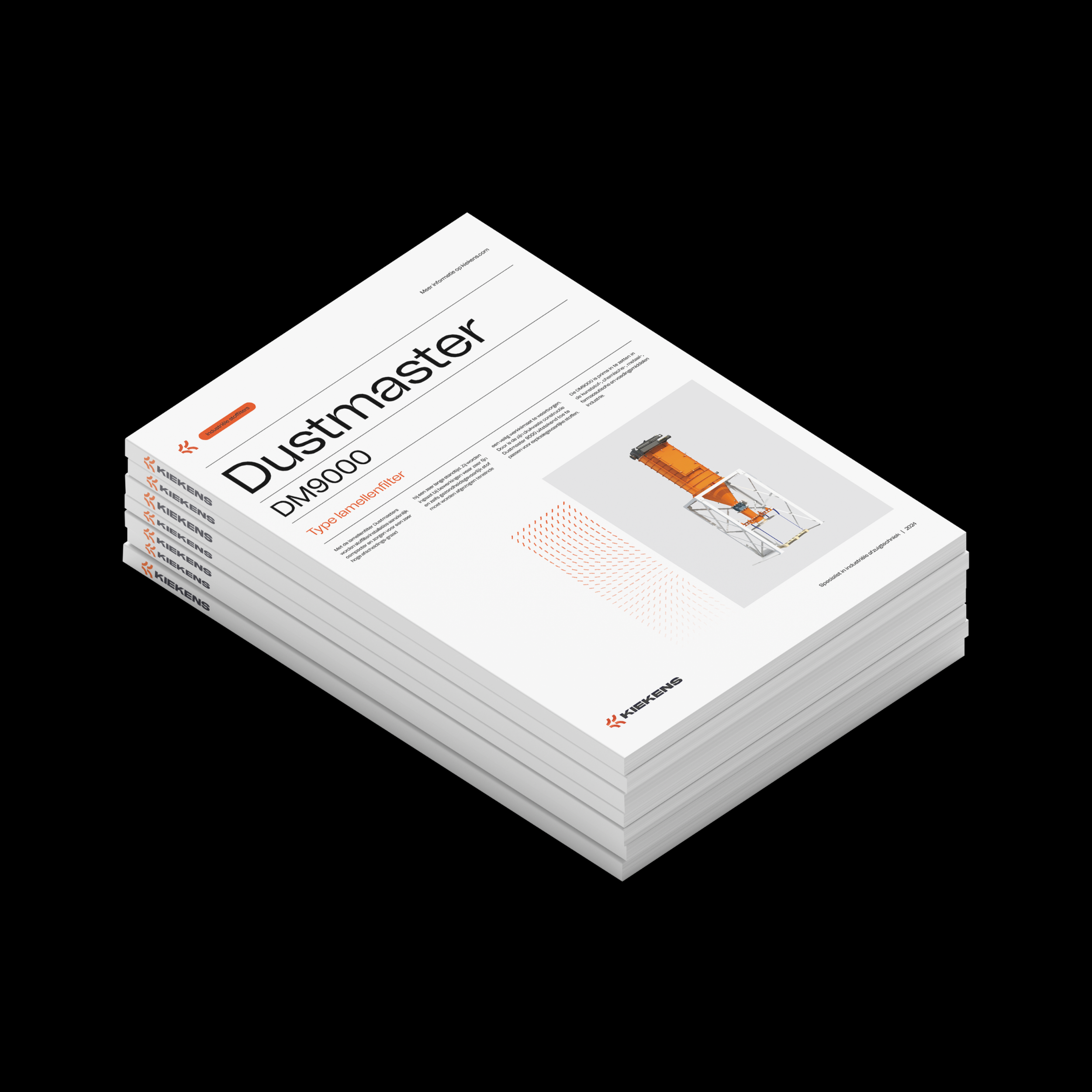 Stack of architectural product sheets with the top sheet featuring a design for a Dustmaster DM9000 lamellenlüfter, including a diagram of the device on a white background with black and orange text.