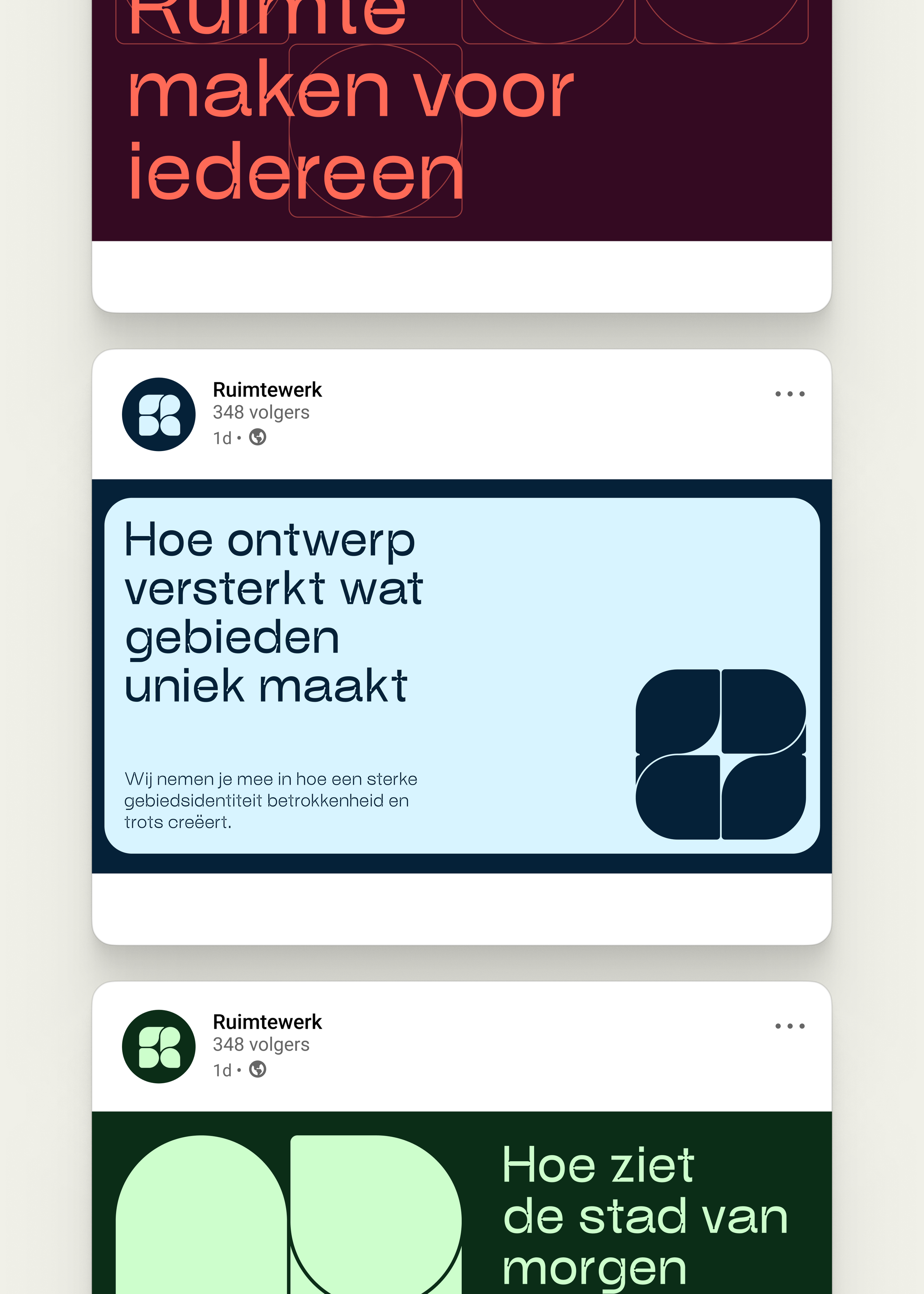 Screenshots of social media posts in Dutch about designing strong regional identities and urban planning, with various colors and graphics.