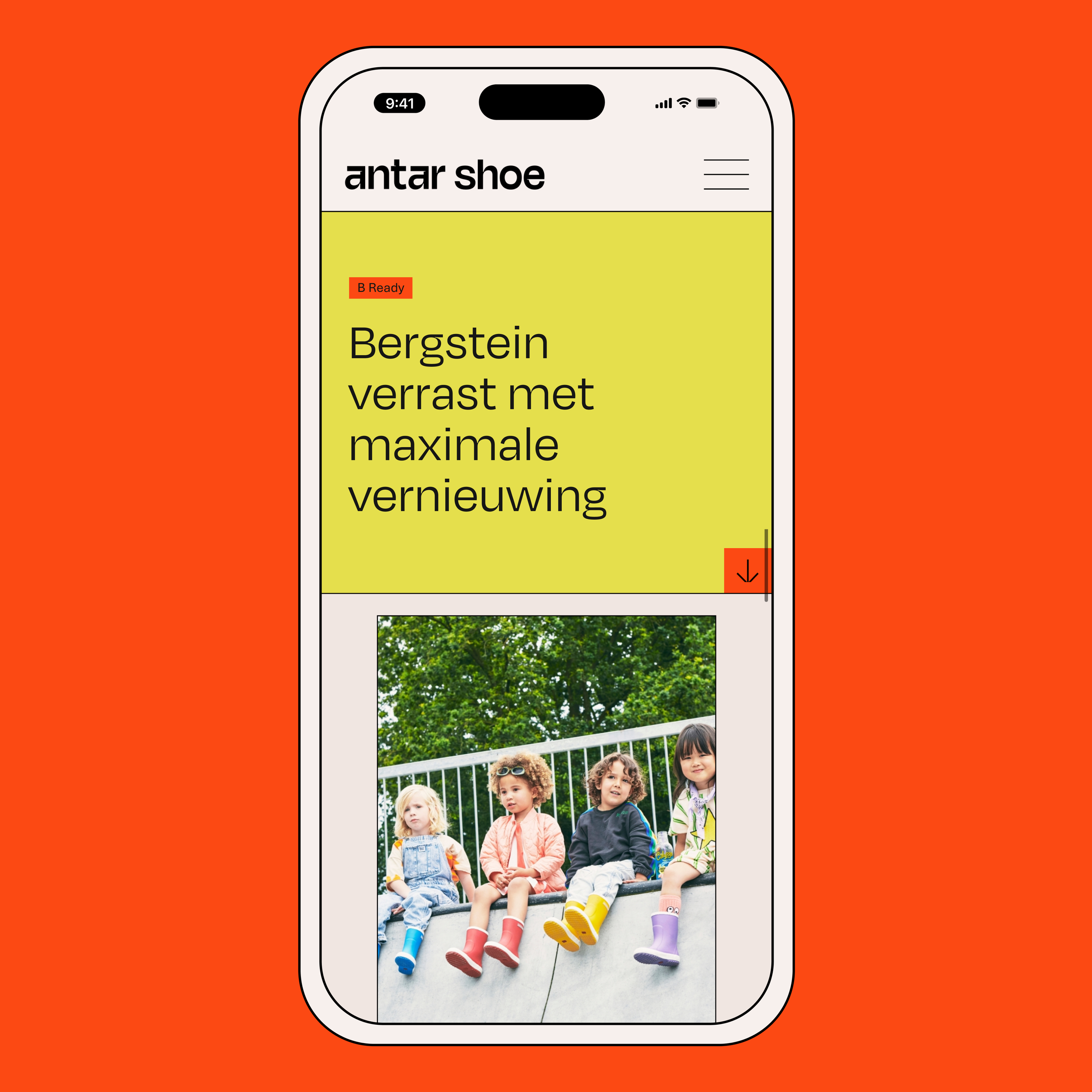 Smartphone screen displaying a website with the title 'antar shoe' and a photo of four children sitting on a ledge wearing colorful rain boots, with trees in the background.