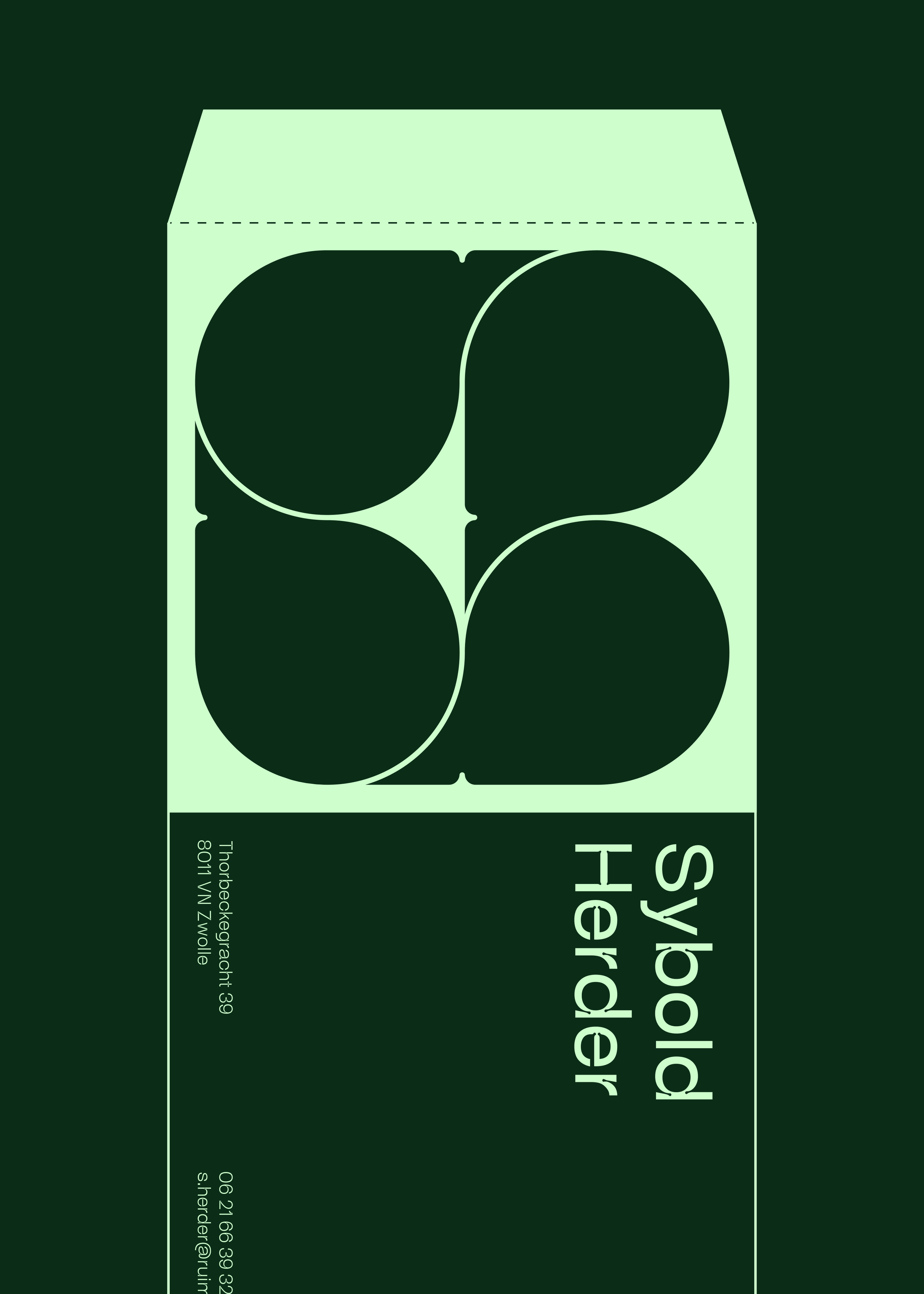 A packaging design for a product called 'Syboid Herder.' The design features large, stylized, overlapping letter shapes in green shades, with contact information and an address in smaller text at the bottom.