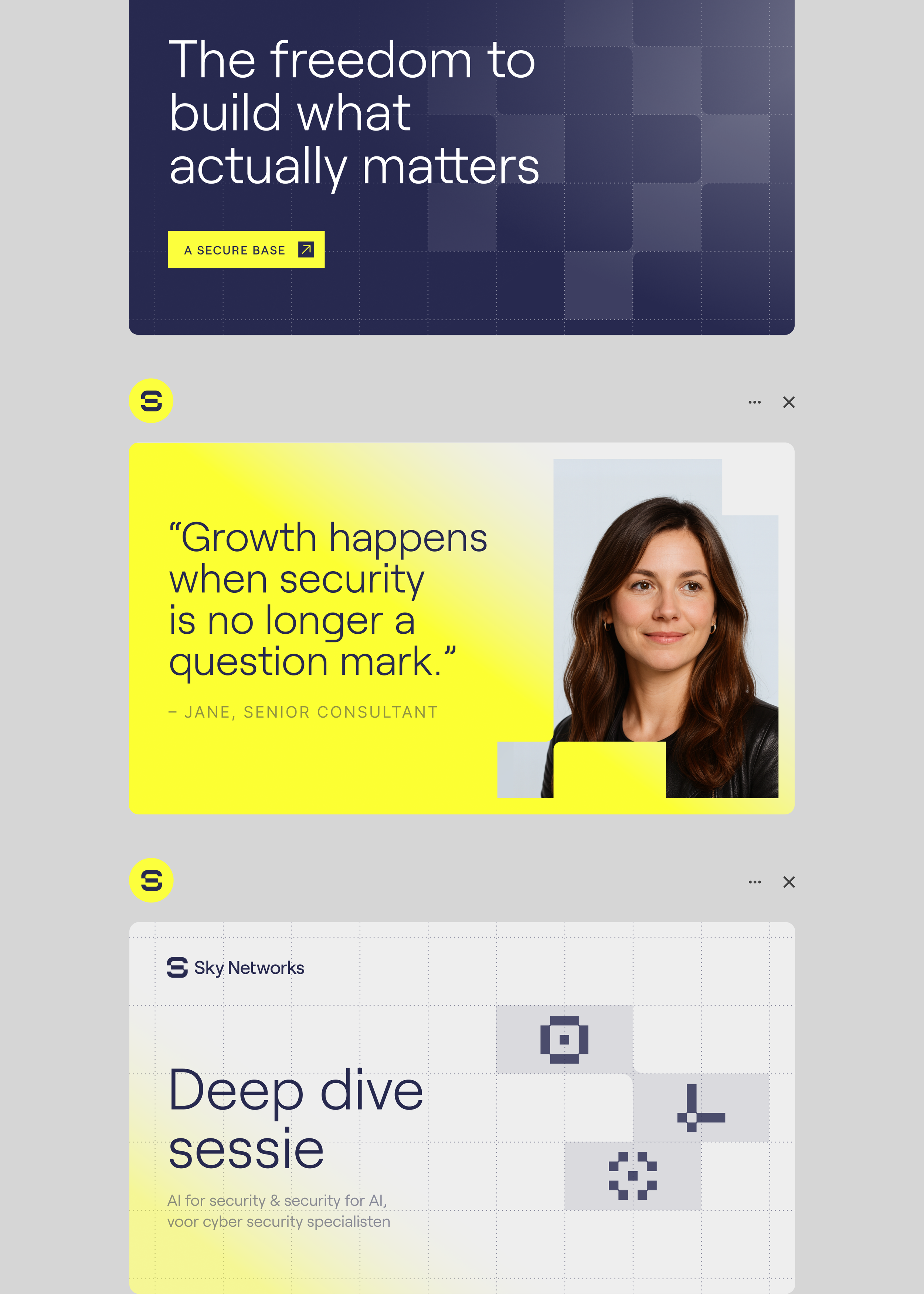 A series of promotional slides about cybersecurity and the importance of security in growth, featuring quotes, company branding from Sky Networks, and visual design elements with a modern, tech-inspired aesthetic.