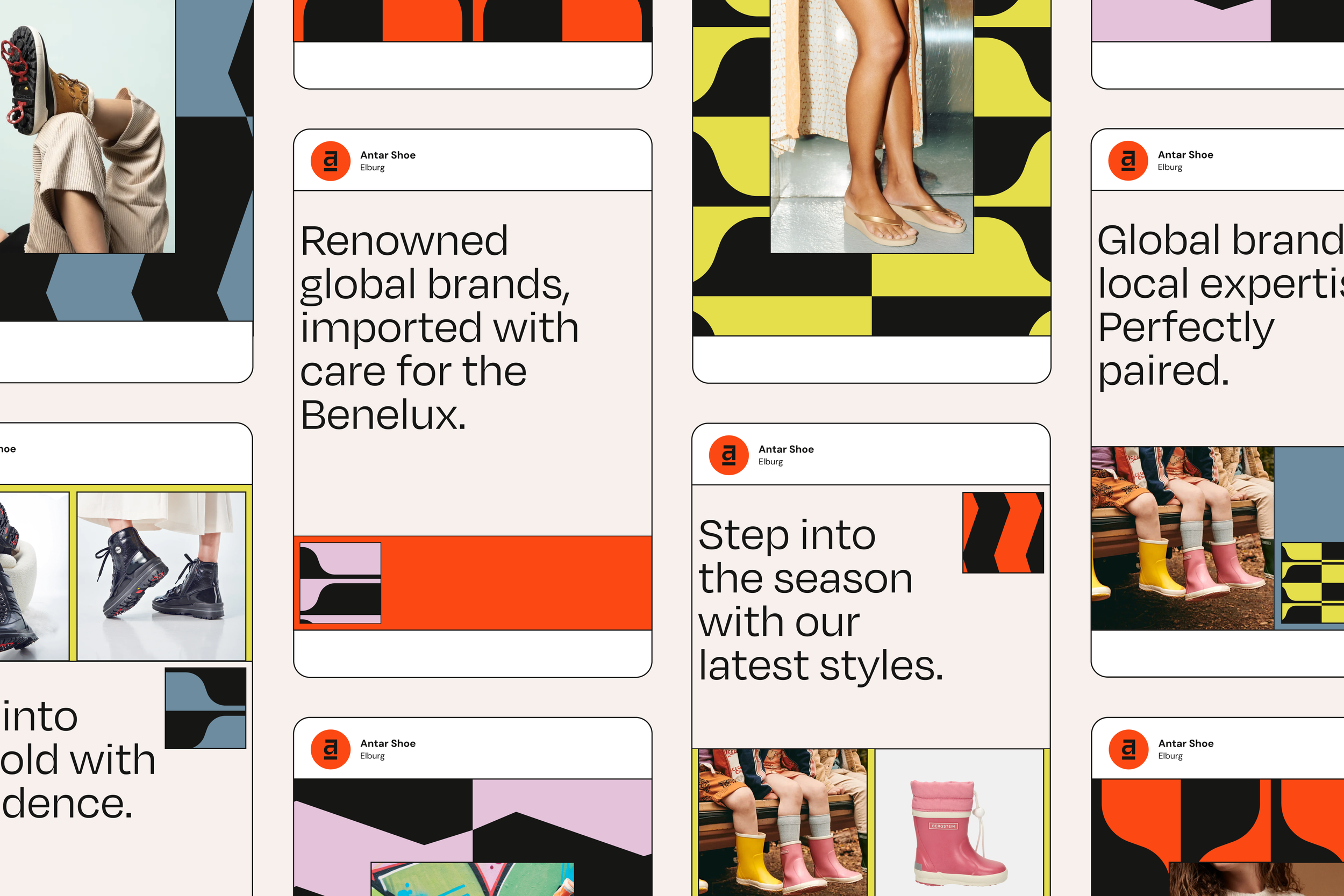 A collage of advertisements for Antar Shoe, featuring images of shoes, some people wearing shoes, and colorful graphic designs. The text promotes the brand's import quality, local expertise, and latest styles.