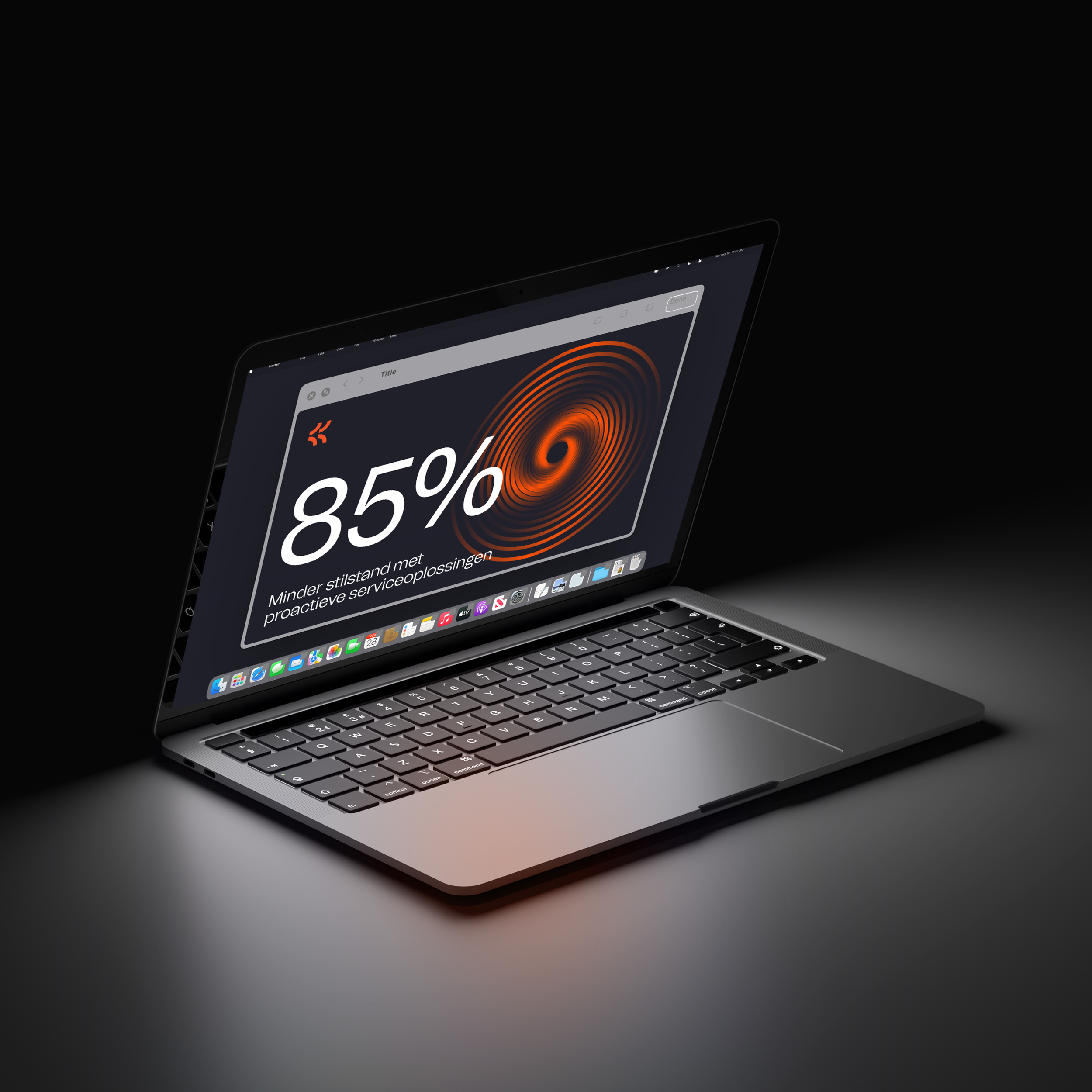 A laptop with a dark screen showing a progress indicator at 85%, with a swirling graphic and text in Dutch.
