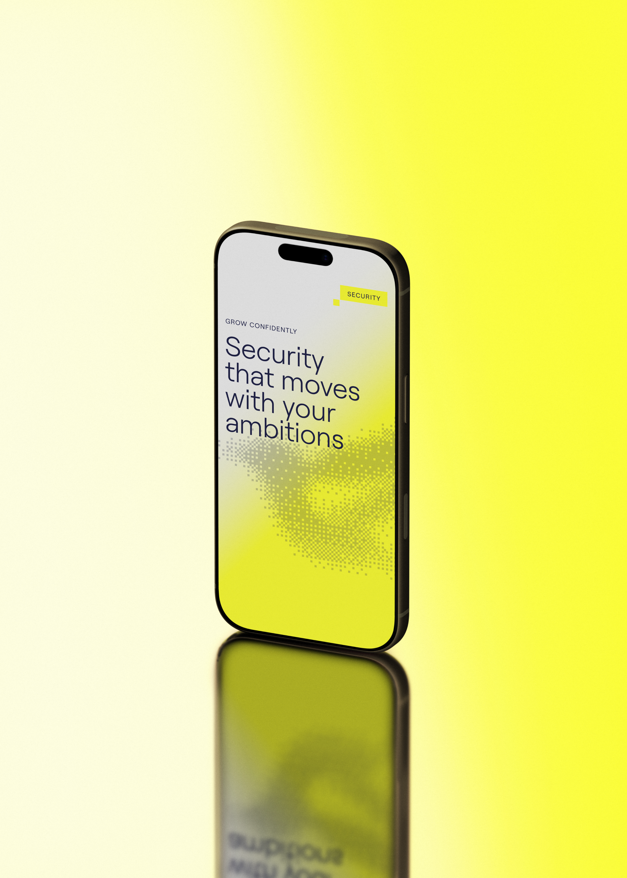 A smartphone with a yellow background display showing a security app with the text 'Security that moves with your ambitions'.