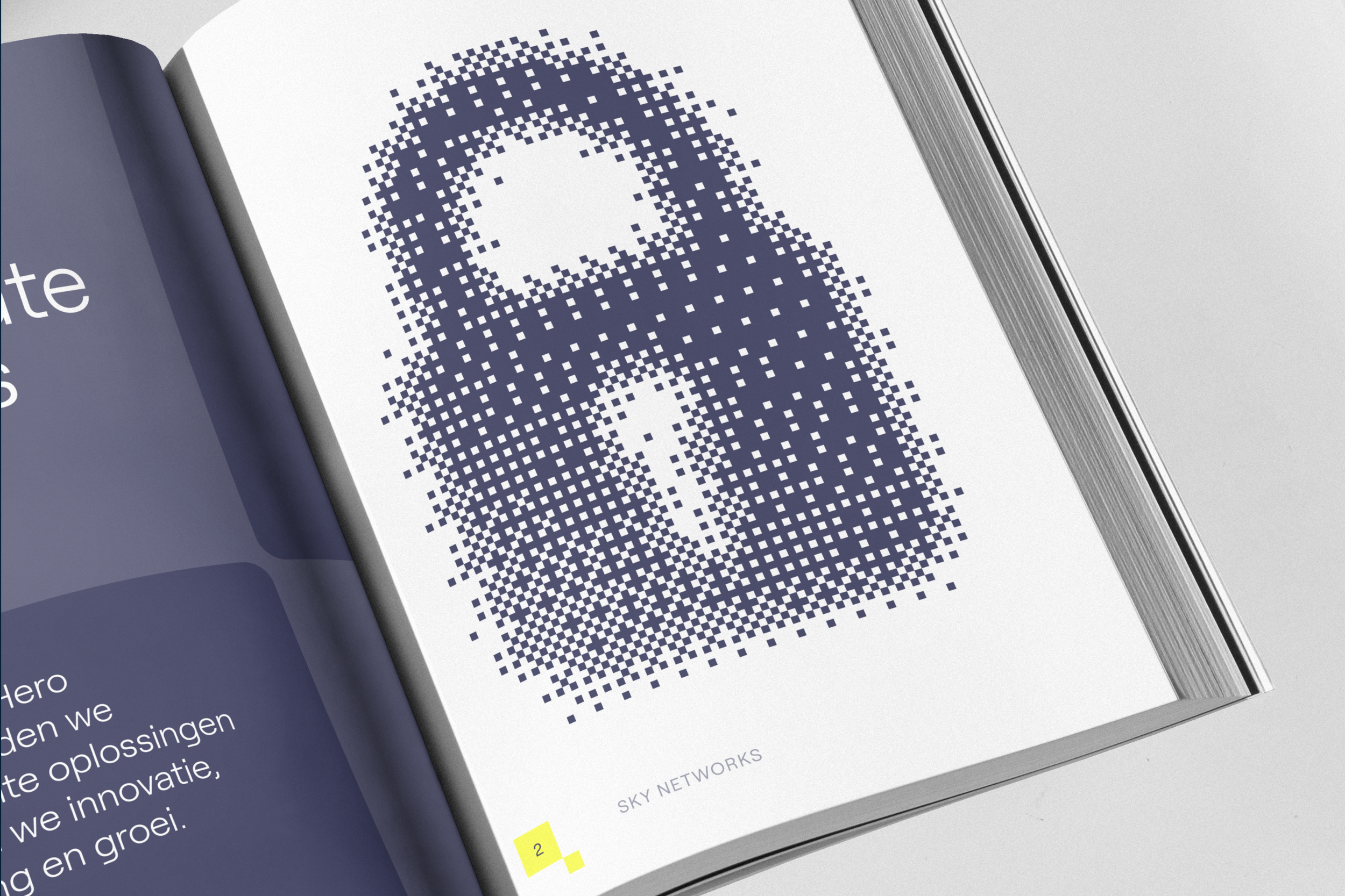 Open book showing a pixelated graphic of a padlock and key, representing security or encryption.
