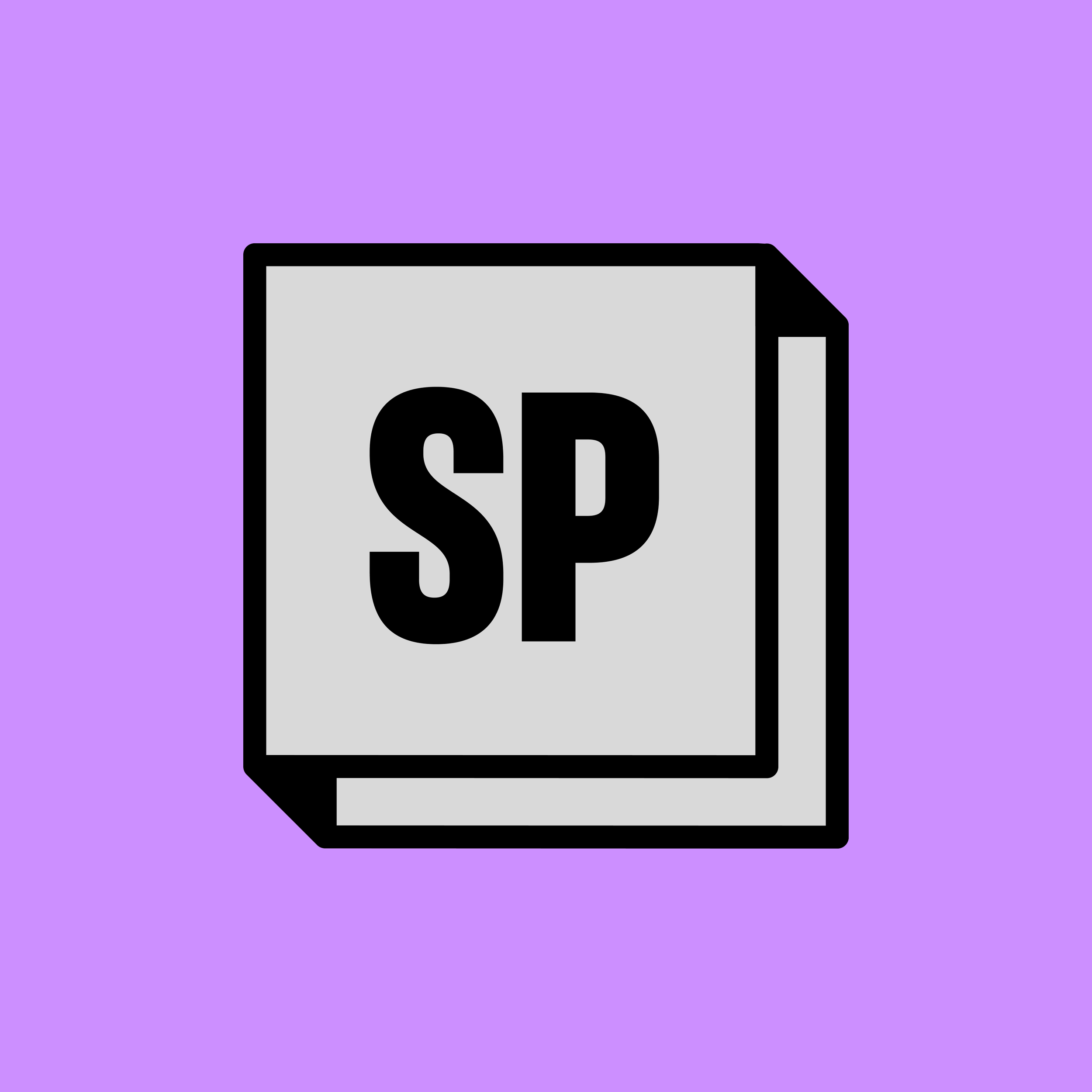 Graphic icon of a printed document with the letters 'SP' in bold on the front sheet, set against a purple background.