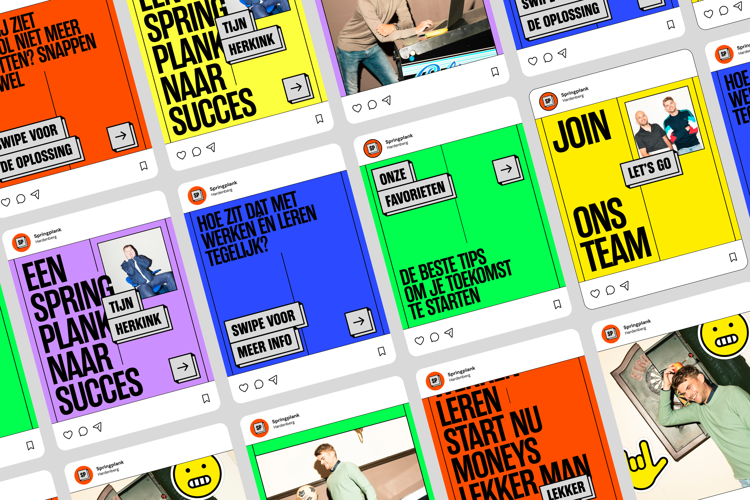 A collage of colorful Instagram posts in Dutch promoting Springplank training programs, teamwork, success tips, and motivational messages, with photos of people and icons.