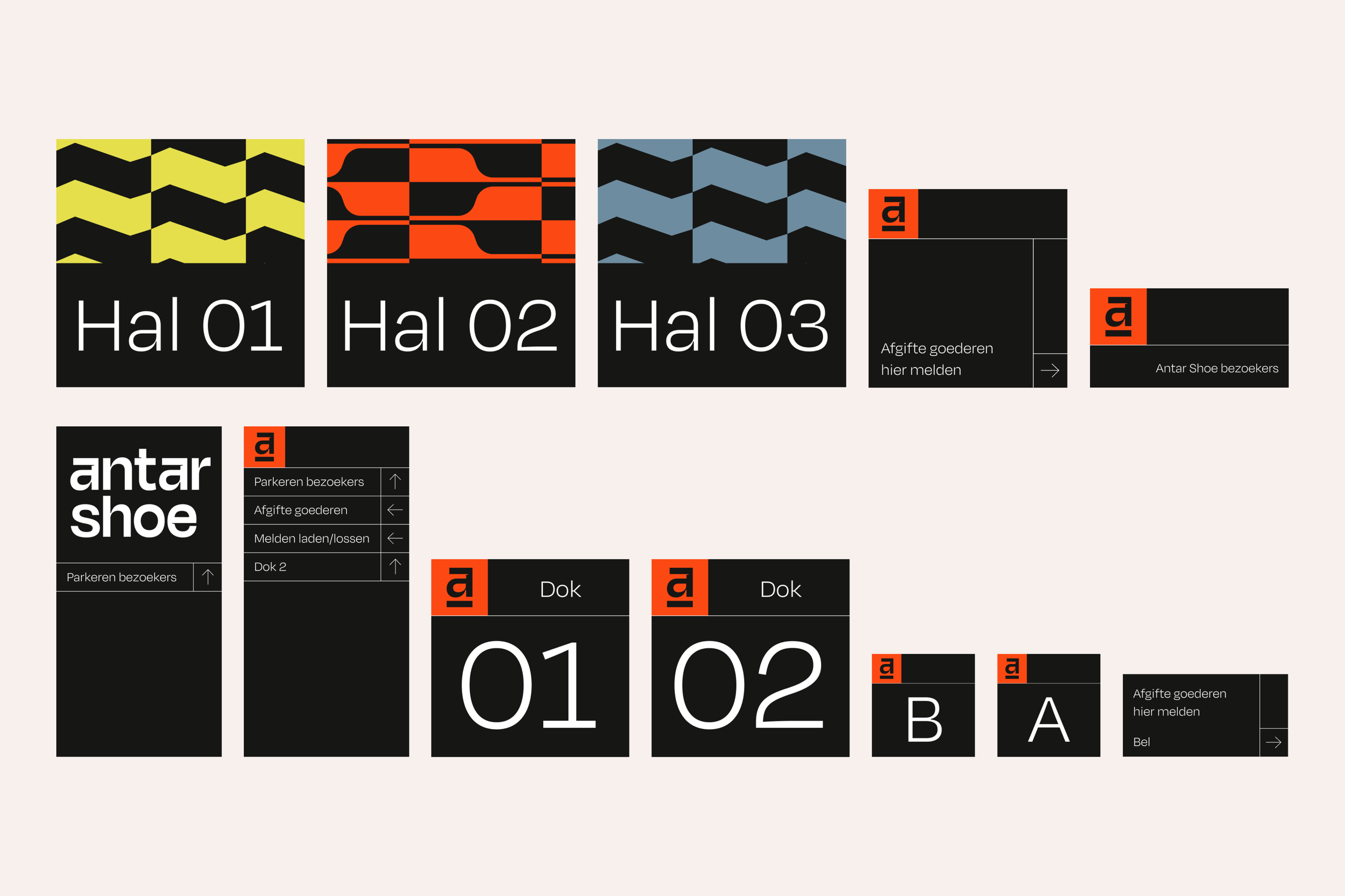 Signage for Anta Shoe store with sections, numbered and labeled in Dutch, featuring icons, arrows, and black, orange, white, and gray colors.