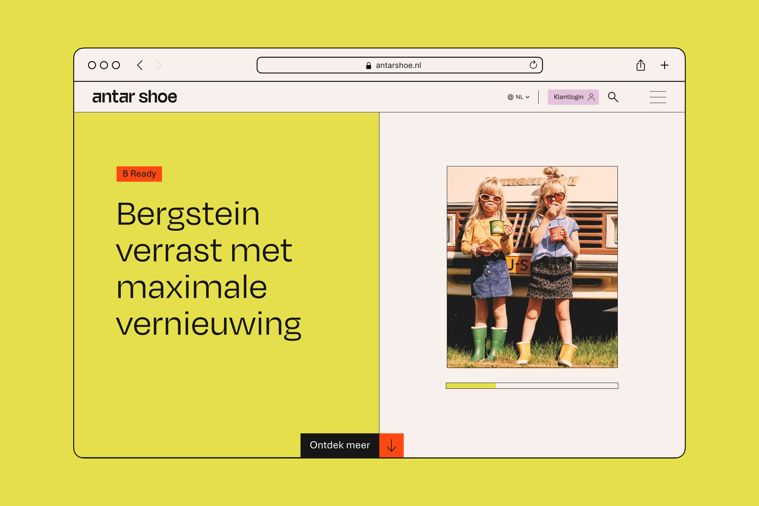 Screenshot of a website titled 'antar shoe' with a large headline in Dutch that reads, 'Bergstein verrast met maximale vernieuwing.' The page features a photograph of two young girls with blonde hair, wearing sunglasses, colorful tops, skirts, and rain boots, standing in front of a vintage van. The website has a minimalistic design with a half-yellow background and a black and red button labeled 'Ontdek meer' below the image.