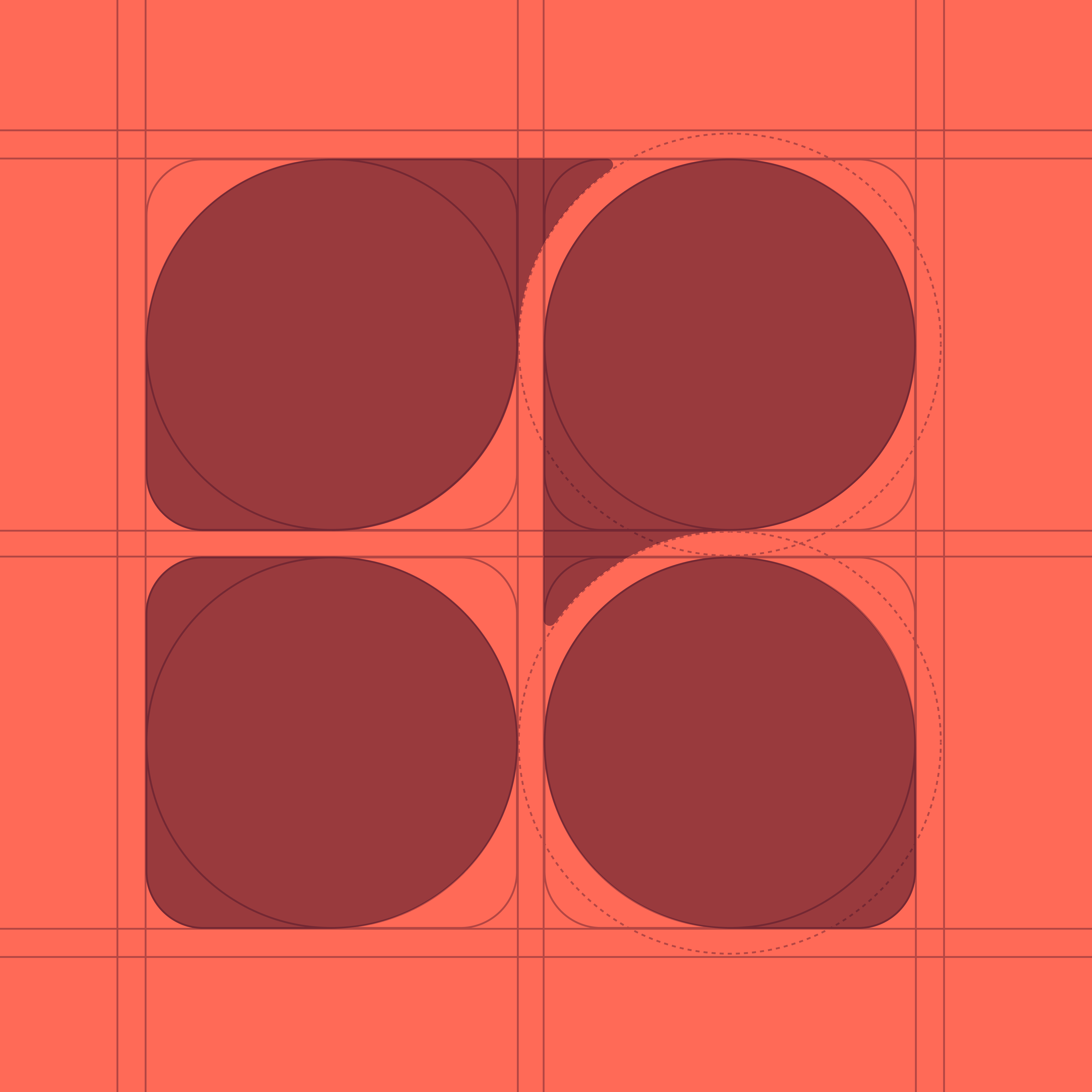 A grid of four large filled circle icons on a red background, with smaller overlapping circle outlines.
