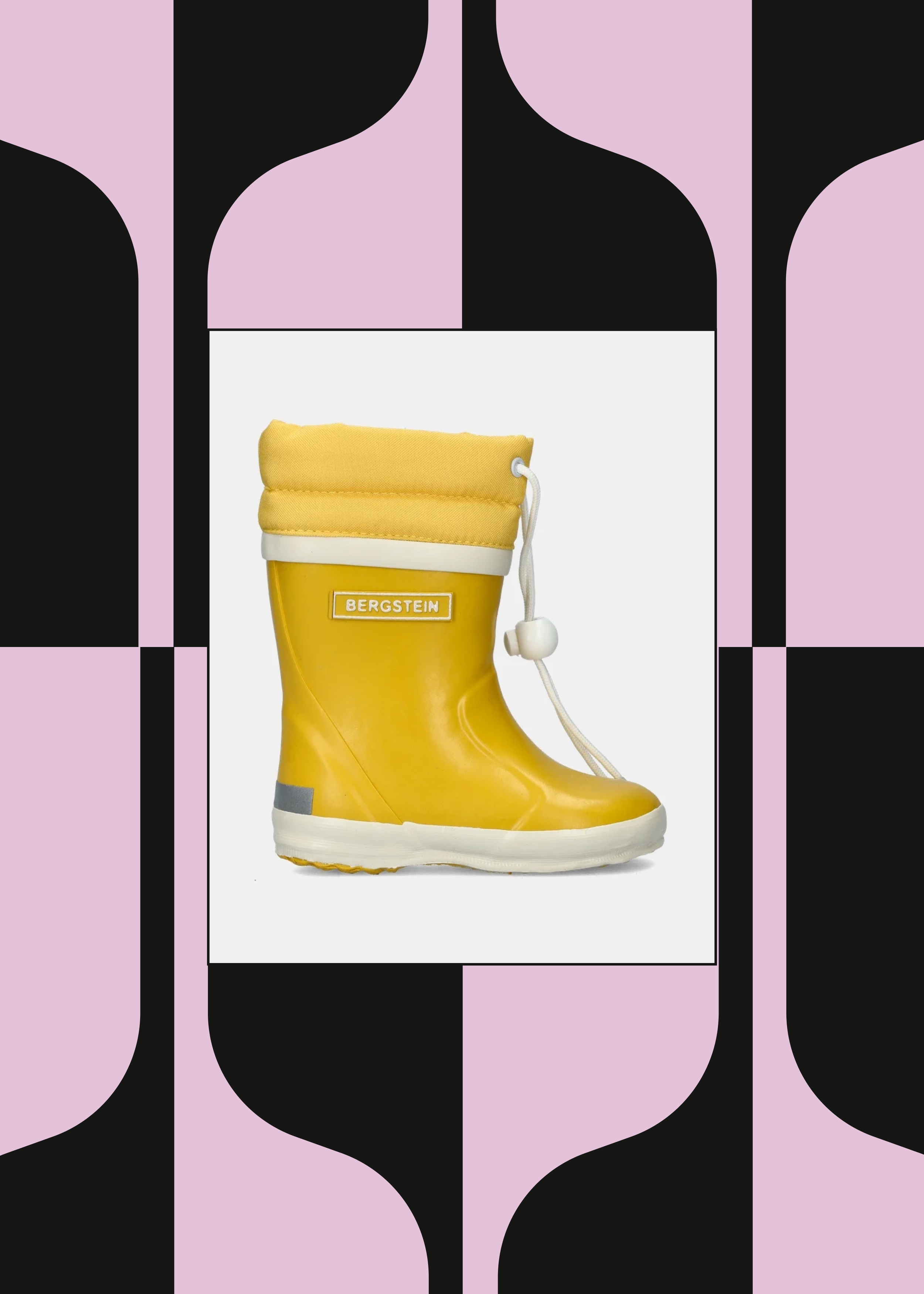 Yellow rain boot with white sole and trim, labeled BERGSTEIN, with a padded upper and lacing, against a geometric patterned background of black and lavender shapes.