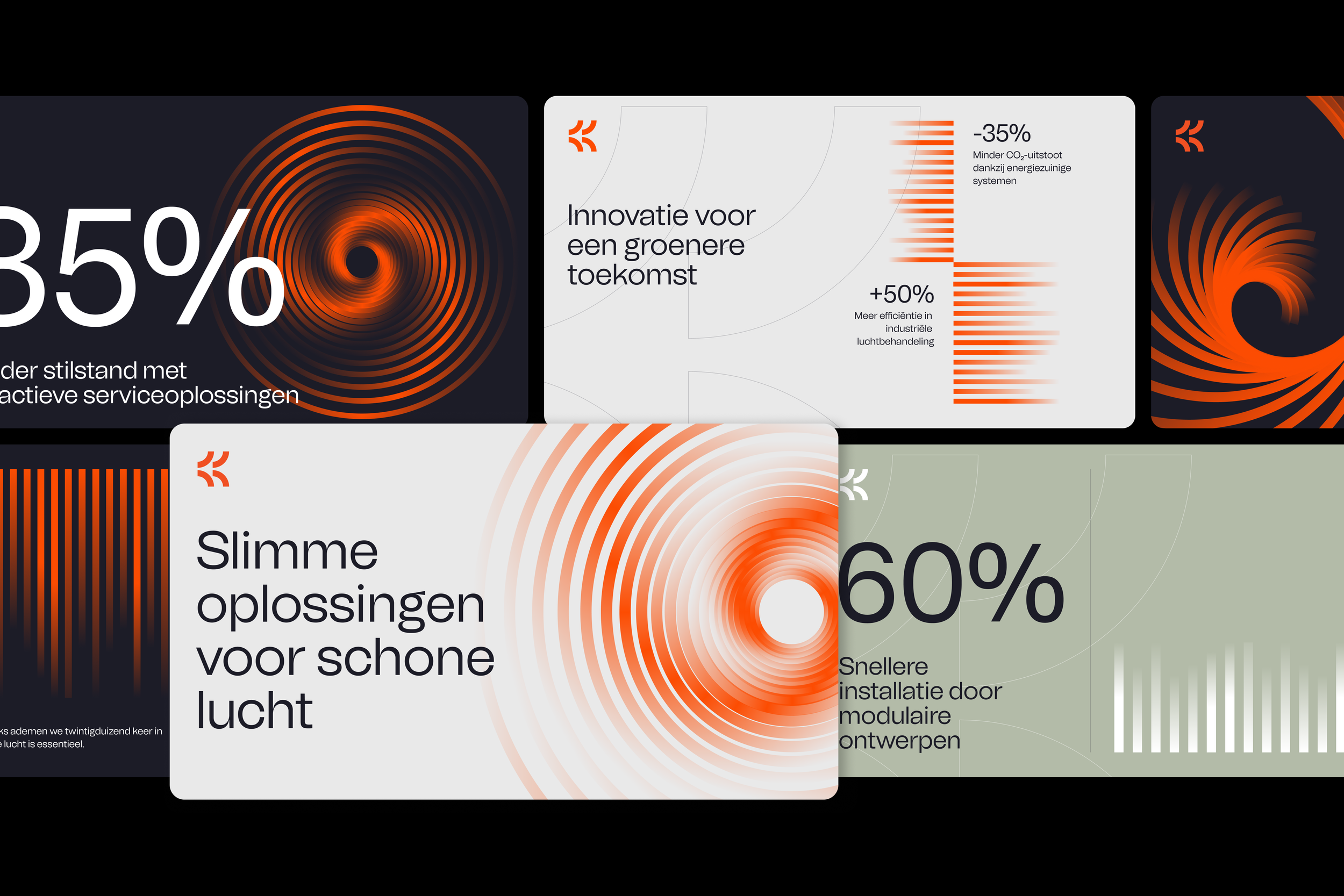 Collection of slides with statistics and graphics about green innovation, air quality solutions, and efficiency improvements, featuring percentages like 35%, 50%, and 60%, and abstract swirl and bar chart designs in orange, black, gray, and white colors.