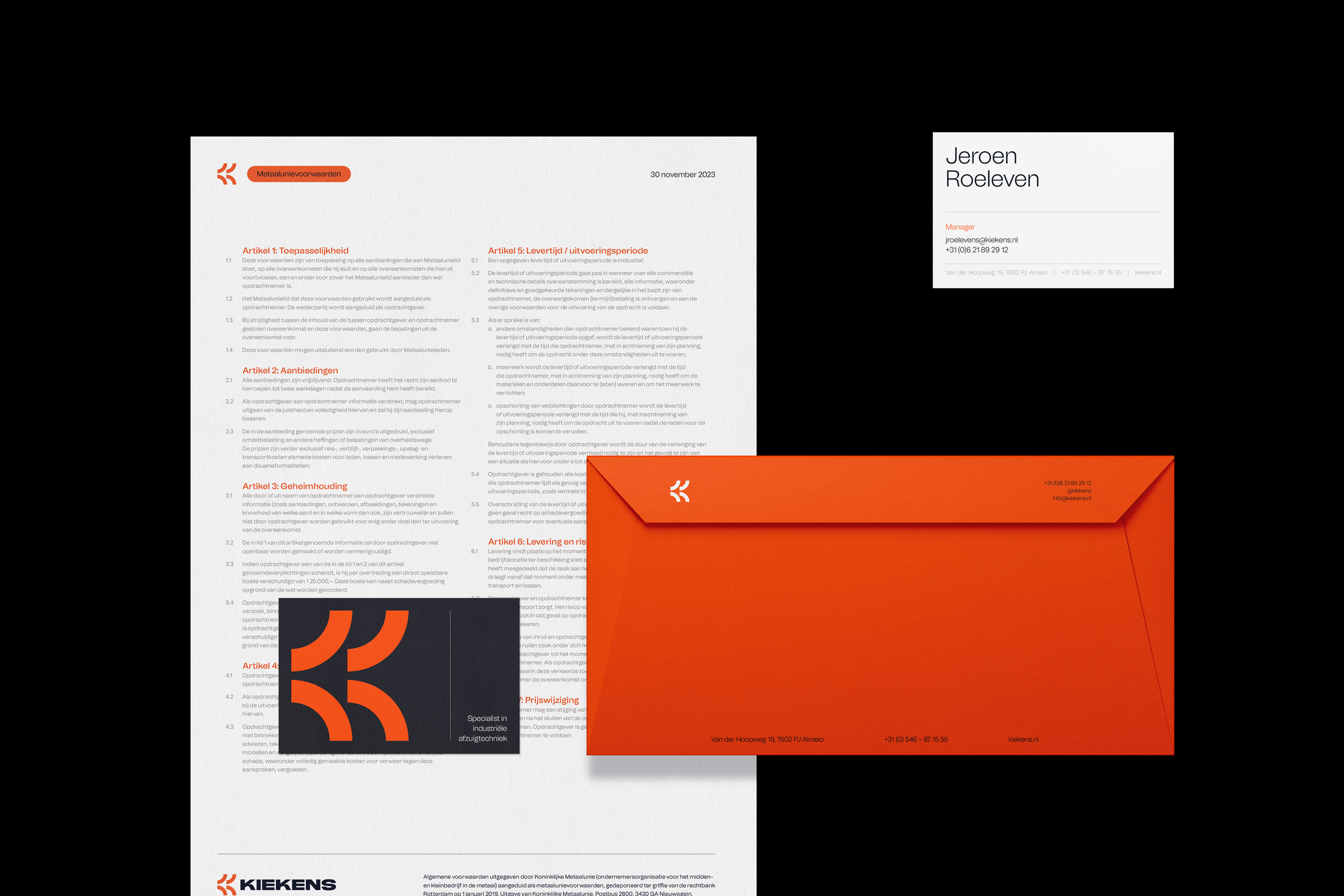 A corporate letter, business card, and orange envelope from Kiekens, with Dutch text, outlining the company's terms and conditions, contact information, and branding elements.