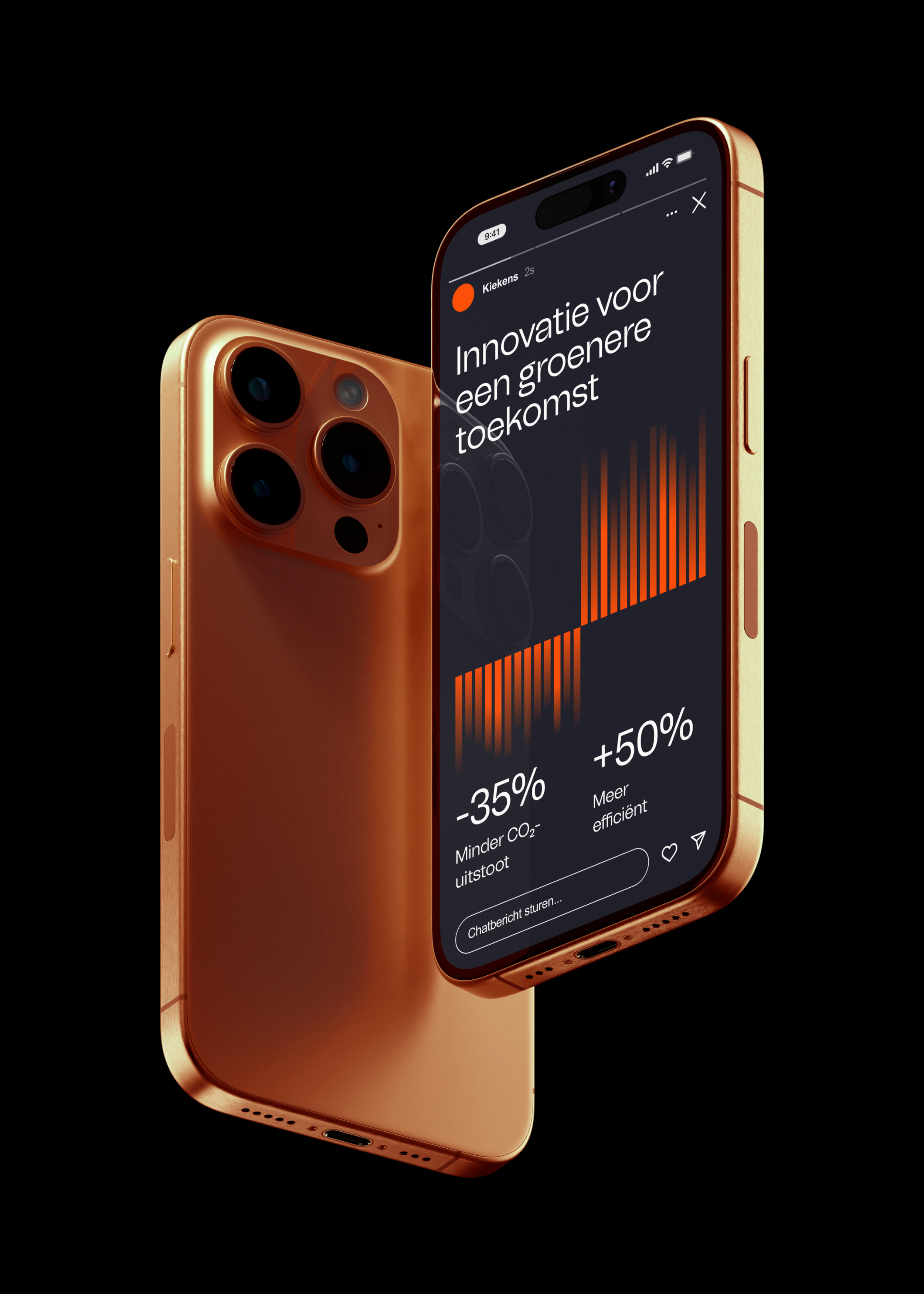 A close-up view of a gold-colored iPhone with triple camera lenses on the back, showcasing a screen with Dutch text about innovation for a greener future, renewable energy statistics, and a black background.