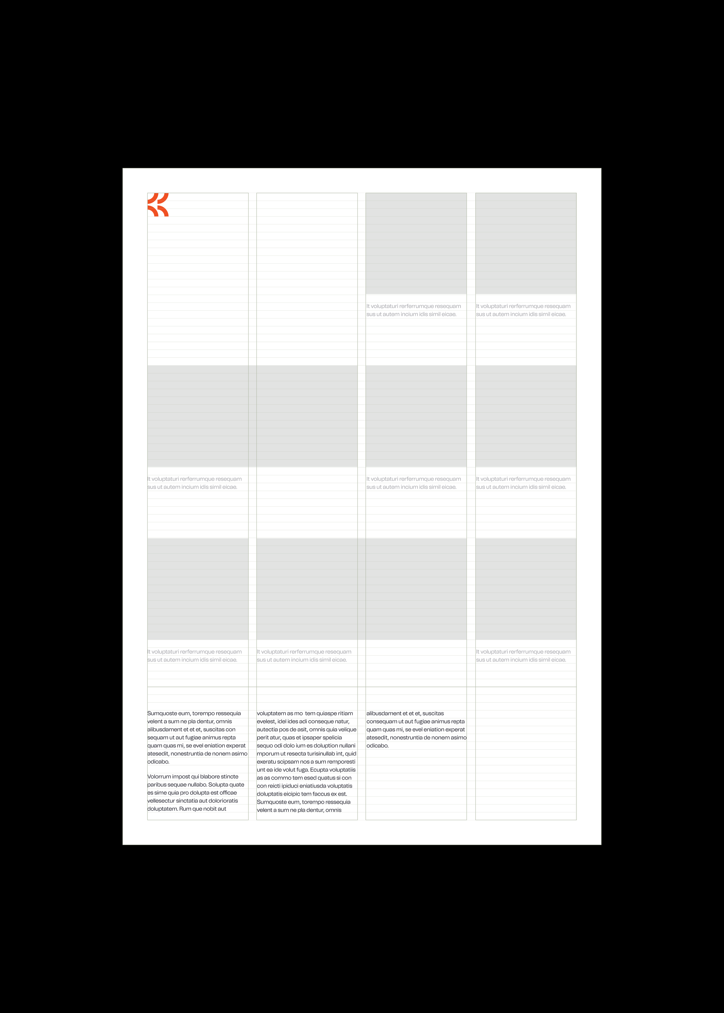 A blank planner or calendar page with a red decorative corner icon, grey shaded sections, and placeholder text in Latin.