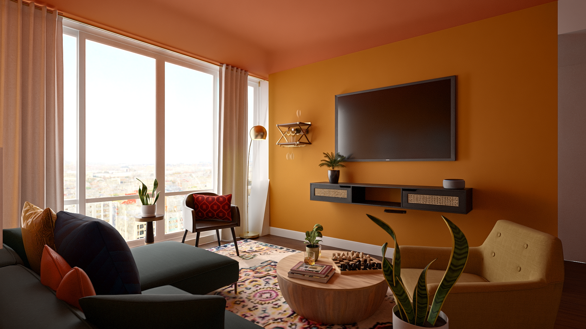 Living room with orange accent wall, large window with white curtains, black sofa with colorful pillows, armchair with red pattern, wooden coffee table with books and game, potted plants, mounted flat-screen TV, modern shelving, and a patterned rug.