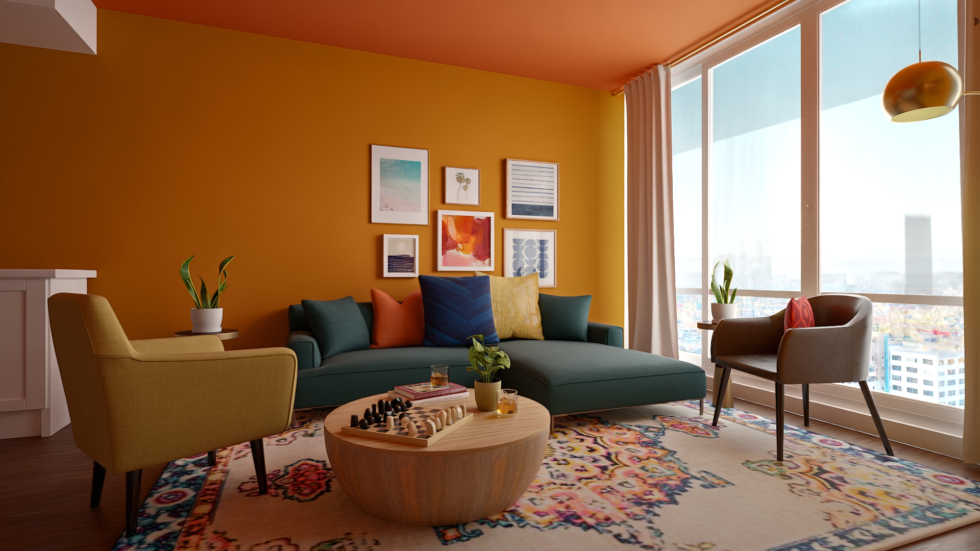 Modern living room with yellow accent wall, colorful artwork, green sofa, yellow armchair, and brown armchair, near large windows with city view, rugs, and plants.