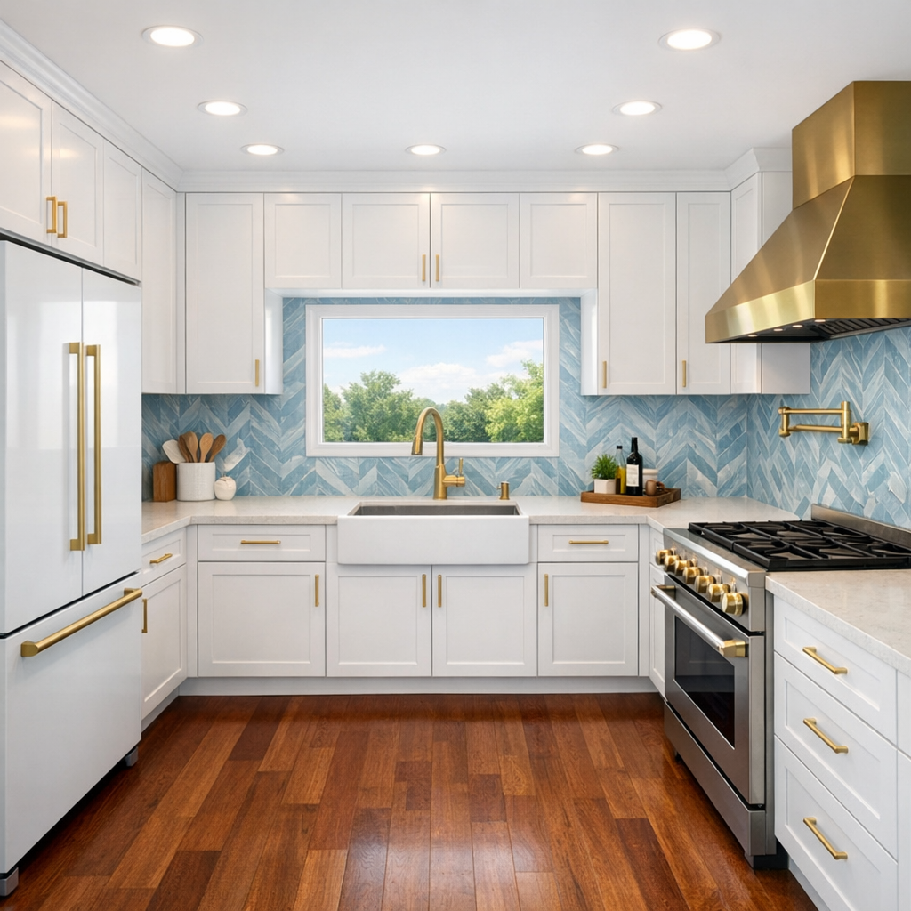 Modern kitchen with white cabinets, gold handles, a blue backsplash, hardwood floor, and a large window overlooking greenery.