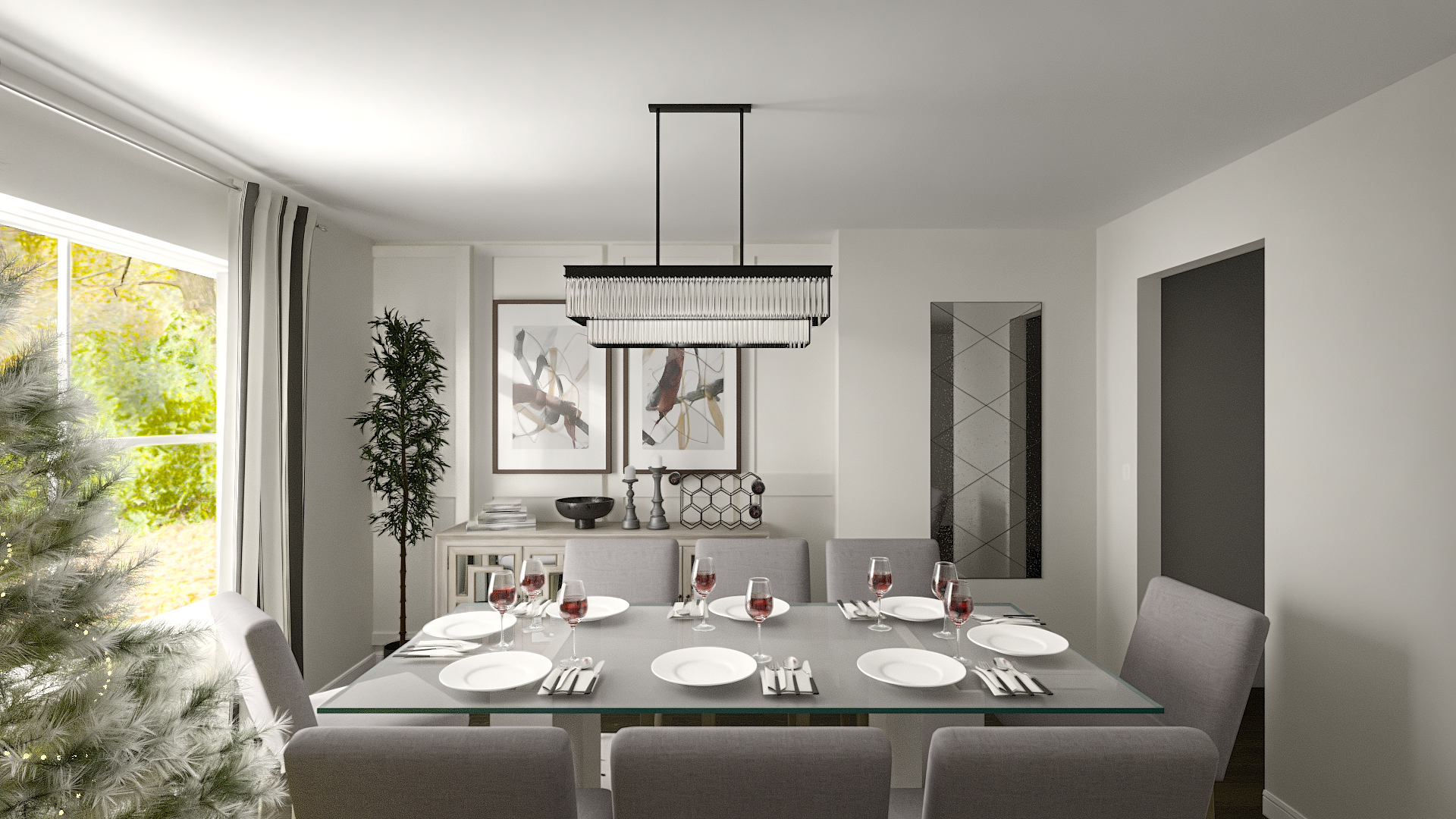 A dining room with a white table set with twelve white plates, twelve sets of silverware, and twelve glasses of red wine. The room has a modern chandelier, abstract artwork on the walls, a tall potted plant, and large window with white curtains showi
