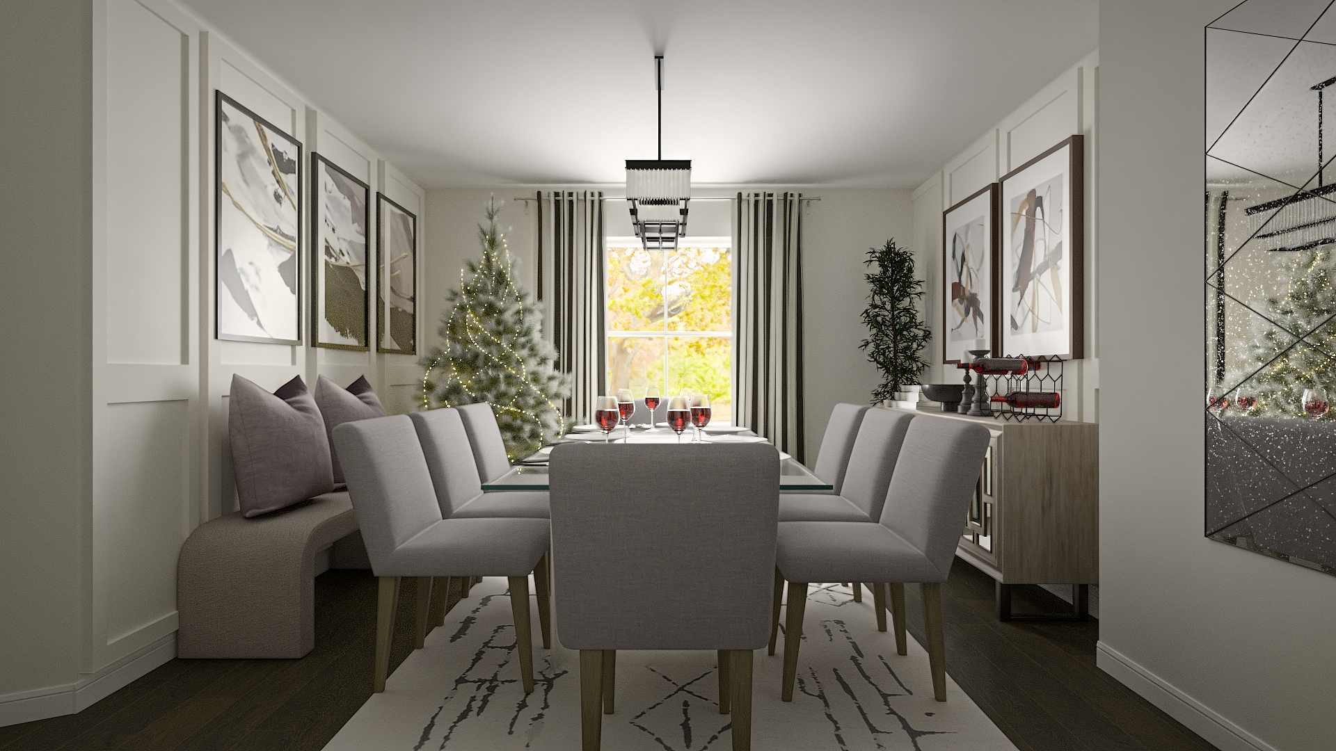 A decorated dining room with a Christmas tree and set dining table featuring six glasses of red wine, contemporary artwork on the walls, and a large window with curtains showing fall foliage outside.