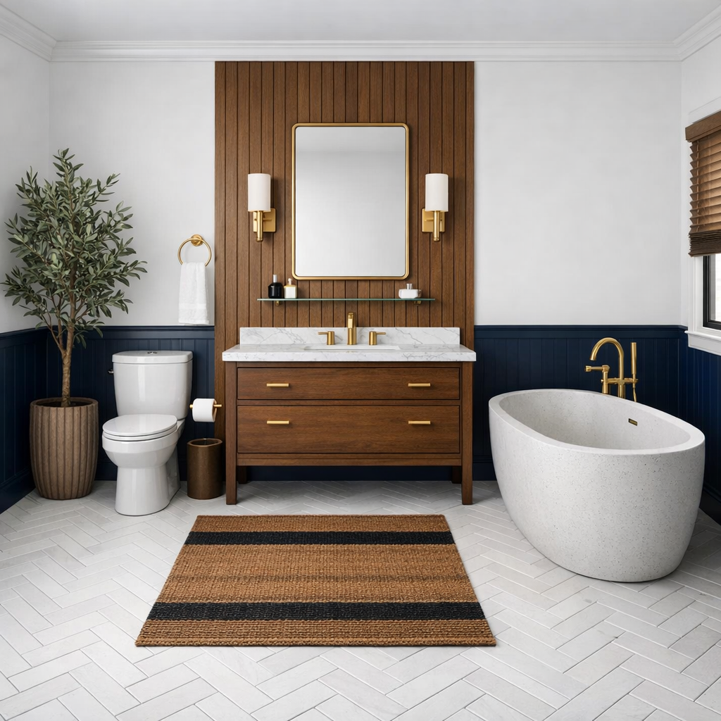 Modern bathroom with white herringbone tile flooring, a wooden vanity with a white marble countertop and gold fixtures, a large oval white bathtub with a gold faucet, a tall potted plant, a large mirror, wall-mounted lights, a window with brown blind