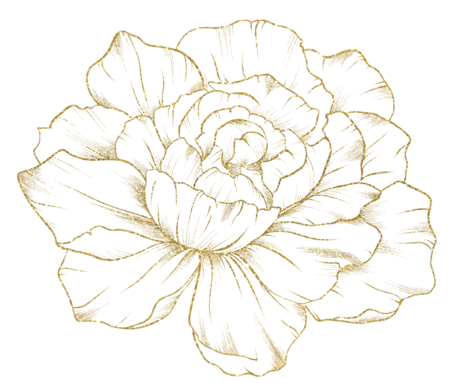 A gold-embellished line drawing of a rose on a black background.