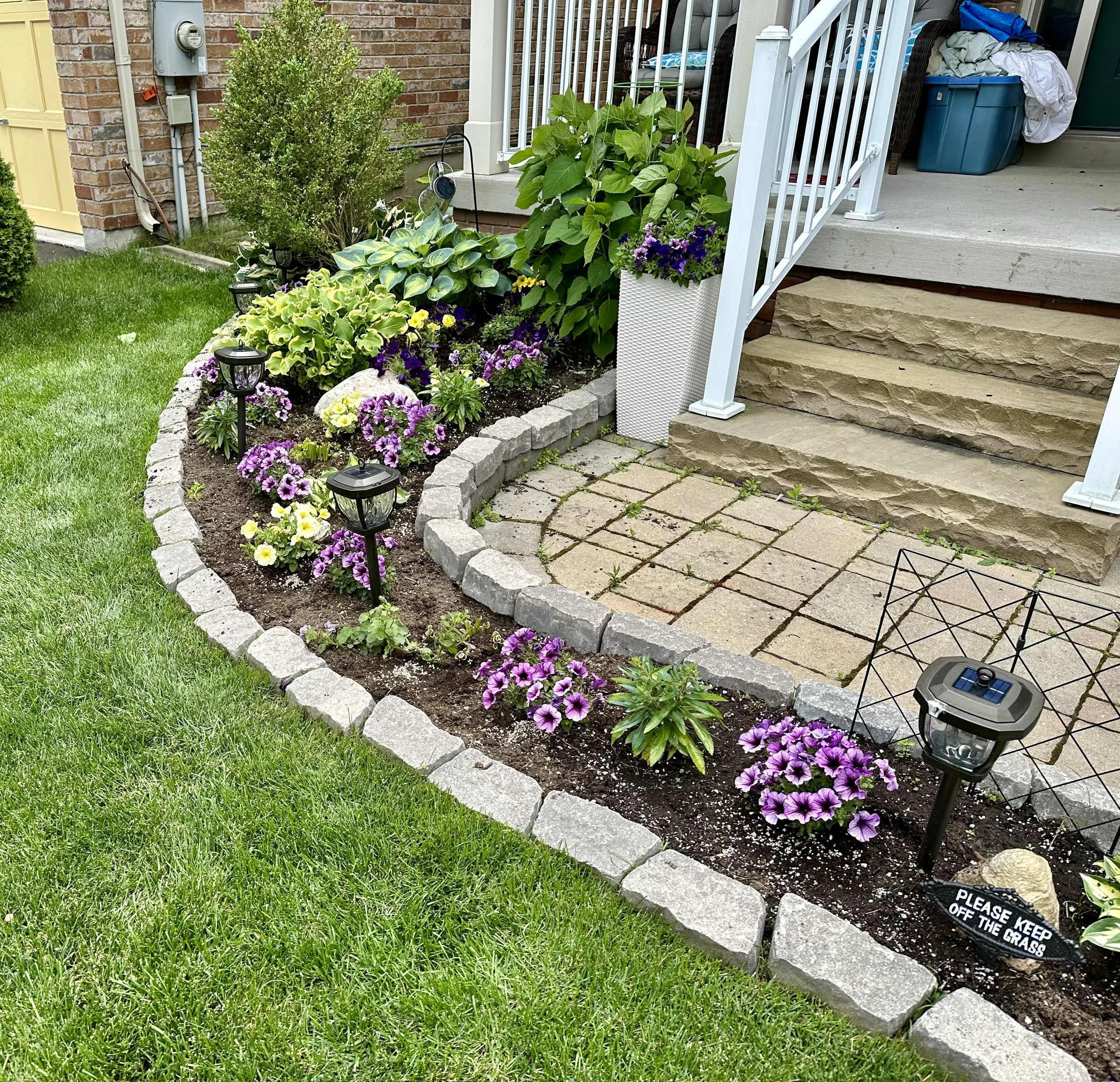 A well-maintained front garden with a curved flower bed bordered by gray bricks, filled with colorful flowers such as purple petunias and yellow primroses. There are four small black solar-powered garden lights and a black sign that says 'Please keep off the grass.' The garden is adjacent to a stone-step porch and a green lawn, with a brick wall and a staircase leading to the front door.