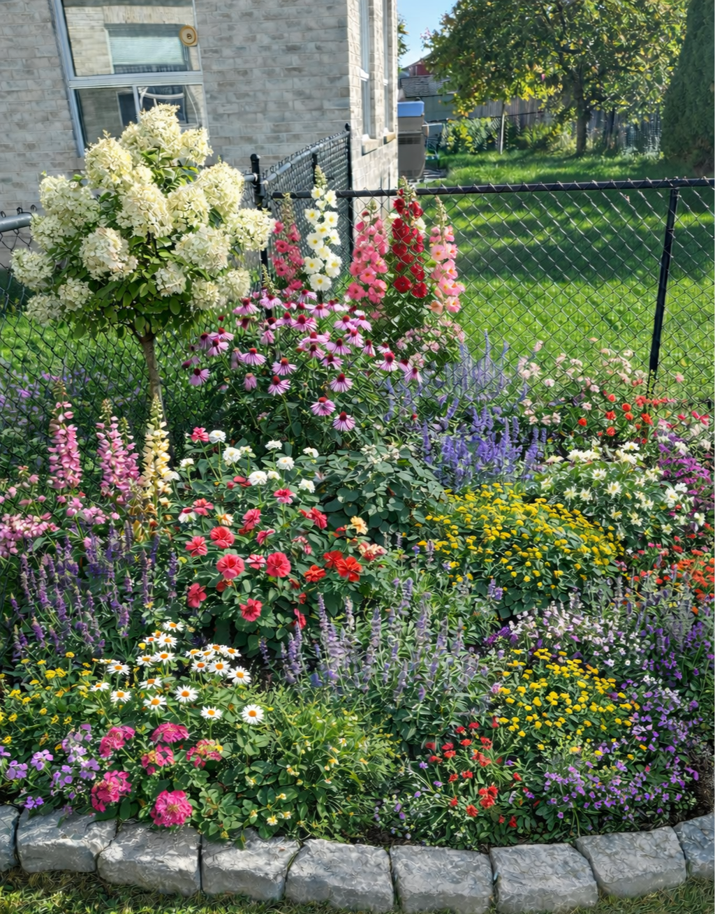 Colorful garden with a variety of blooming flowers including daisies, pink coneflowers, purple salvia, and yellow marigolds, enclosed by a stone border and a chain-link fence in a backyard setting.