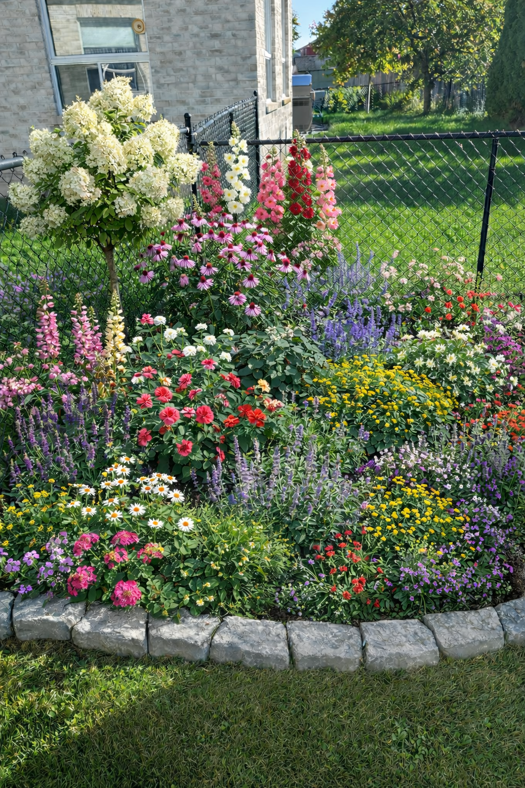 Colorful flower garden with a variety of blooming flowers, including pink, red, white, purple, and yellow, bordered by stone edging and enclosed by a black metal fence, with a house and green lawn in the background.