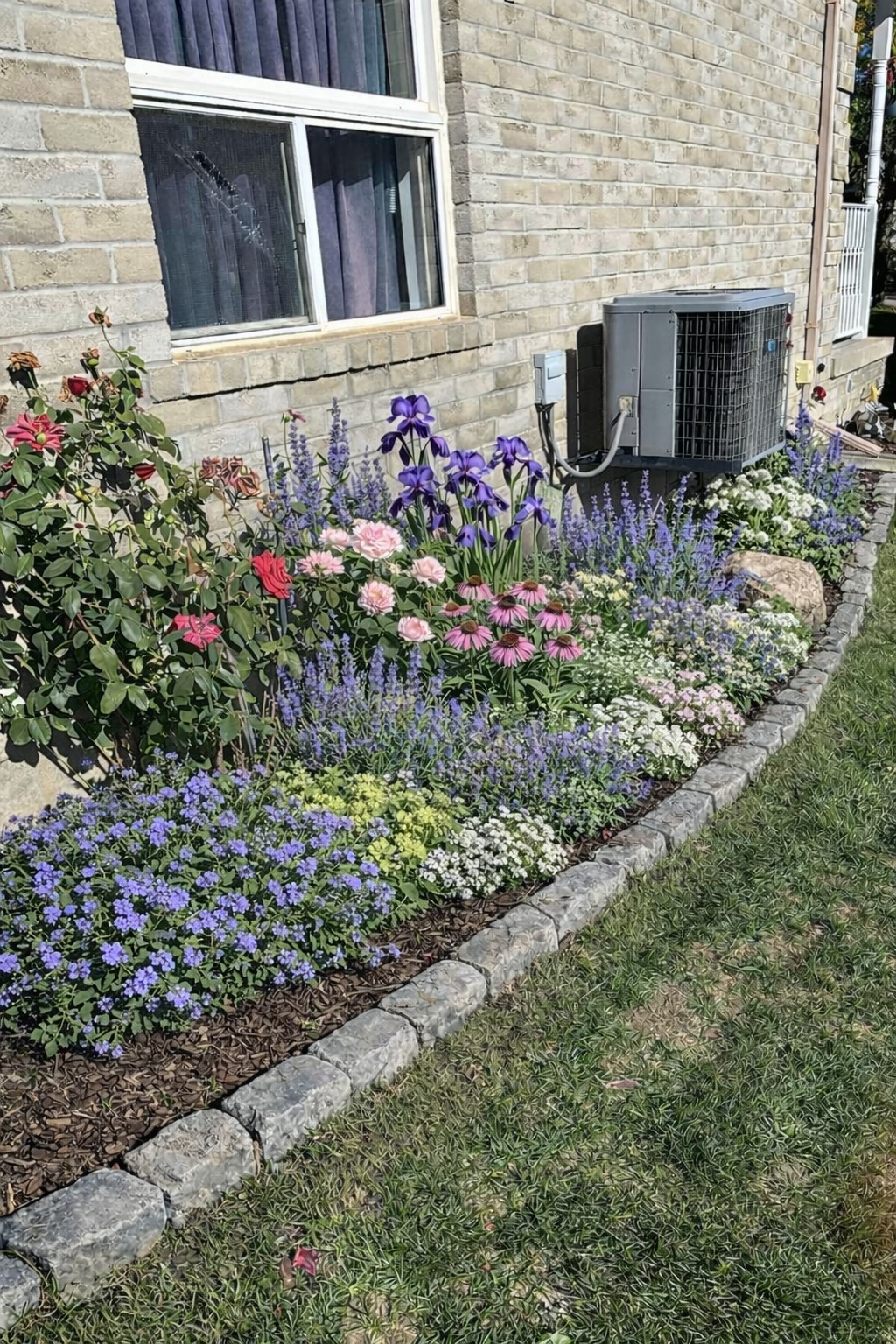 A garden with various colorful flowers including pink, purple, and white blooms, bordered by a stone edge, in front of a brick house wall with a window and an outdoor air conditioning unit.
