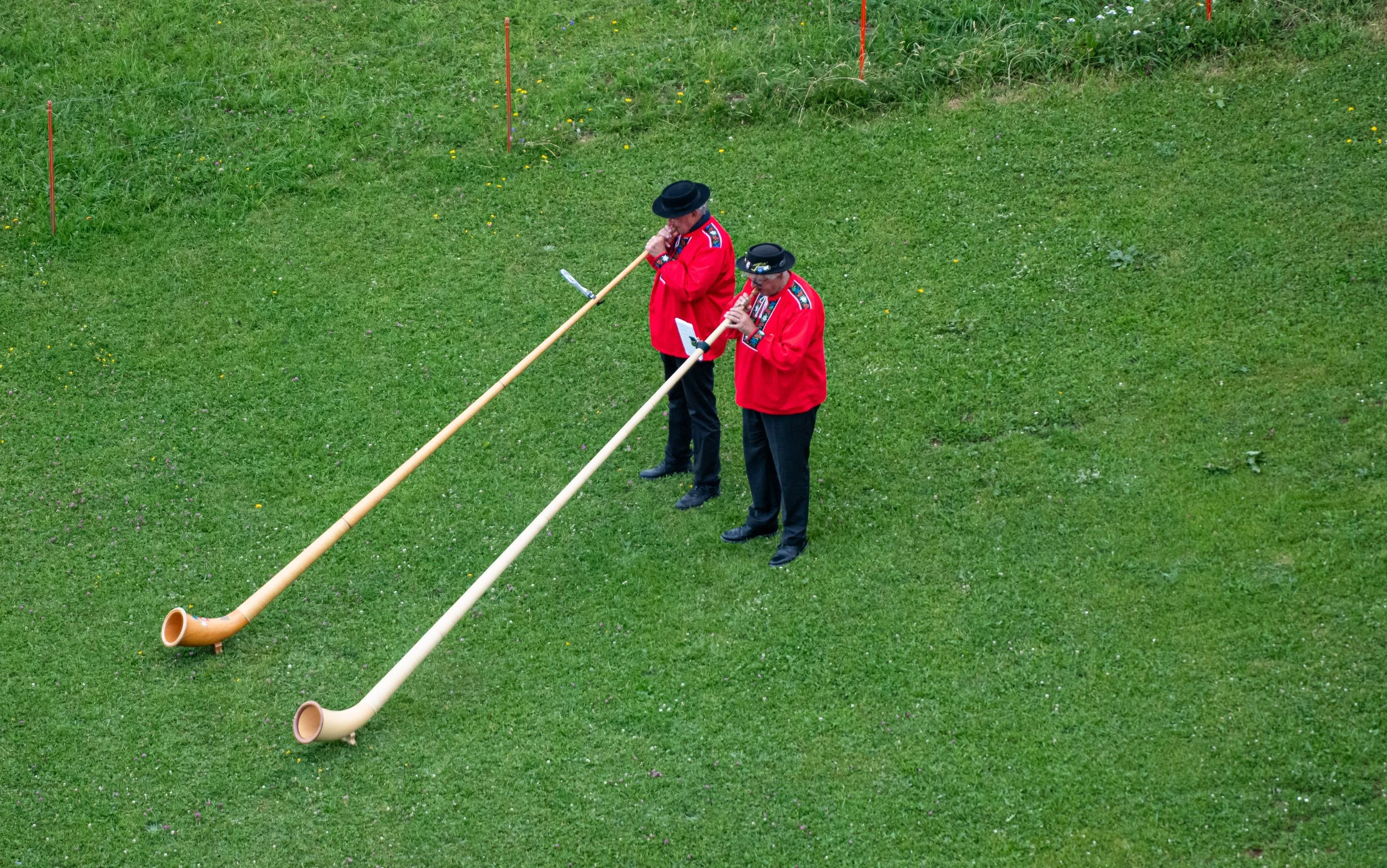 Zwei Männer in traditioneller Tracht spielen auf langen Posaunen in einem grünen Feld.