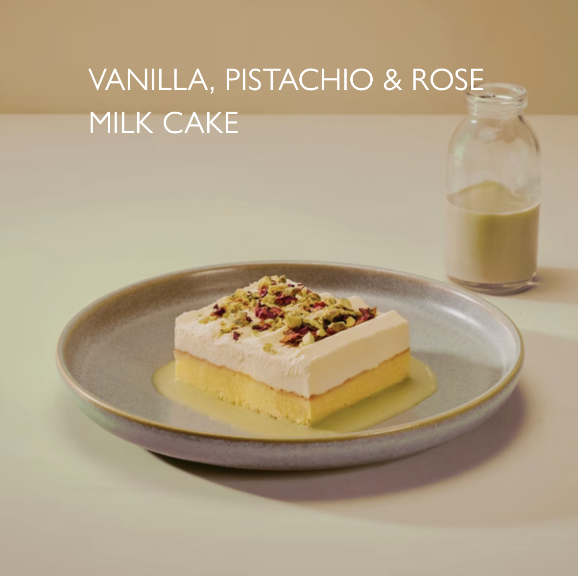 8.50
Light vanilla sponge, soft cream, crushed pistachios, rose,pistachio milk syrup. 588 kcal