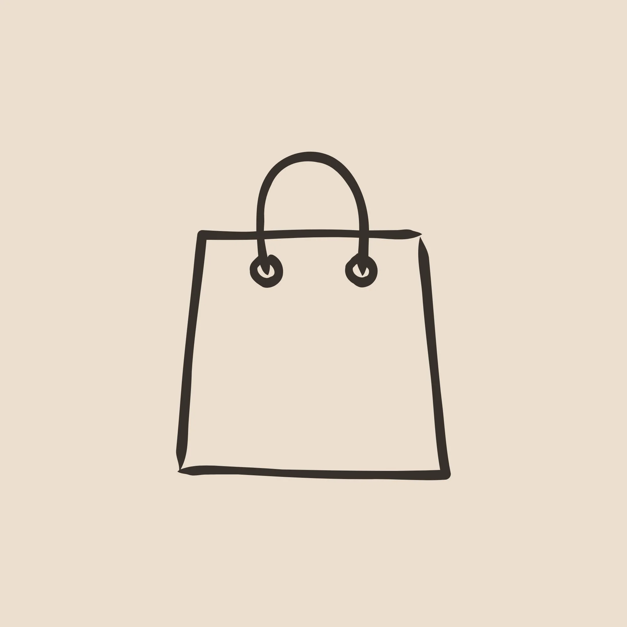 Skizze einer Einkaufstasche auf beigem Hintergrund. Auf unserer Seite sollst du stöbern.