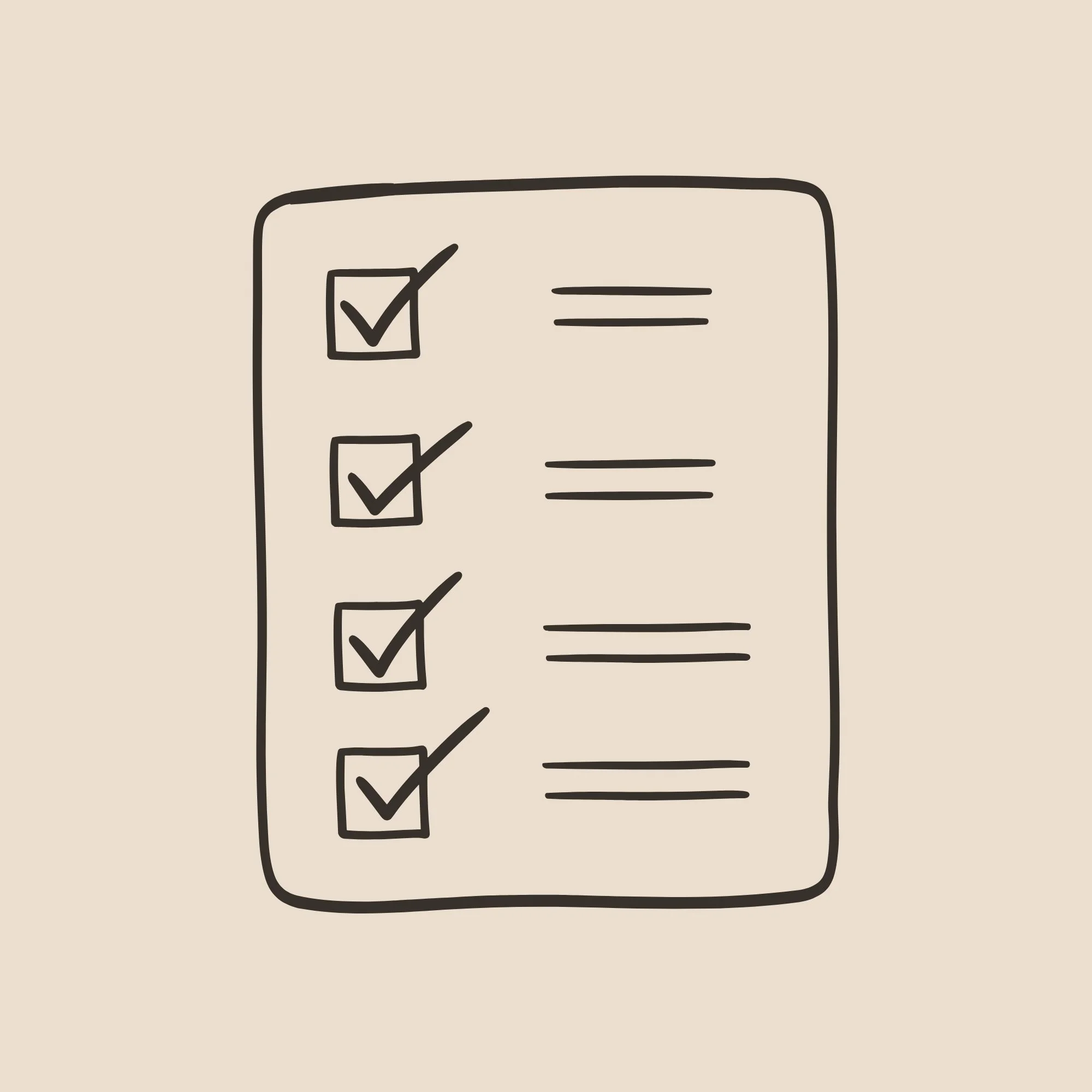 Zeichnung eines Checklistenblatts mit vier abgehakten Kontrollkästchen und Linien daneben. Es soll unser Anfrageformular darstellen.