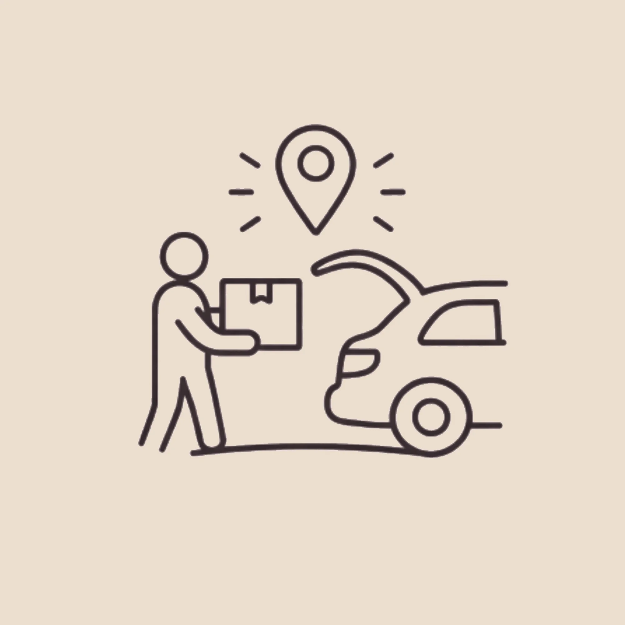 Linienzeichnung eines Mannes mit Paket neben einem Auto, mit einem Ortungssymbol darüber. Die bildliche Definition von Selbstabholung.